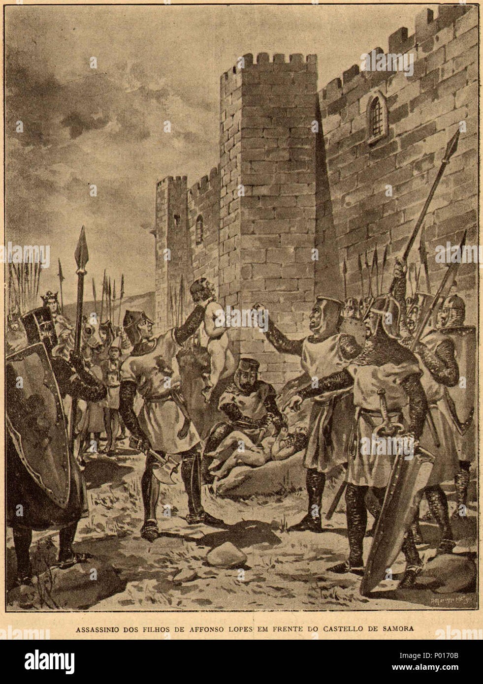 1 Assassínio dos filhos de Afonso Lopes em Frente do Castelo de Zamora - História de Portugal, beliebte e ilustrada Stockfoto