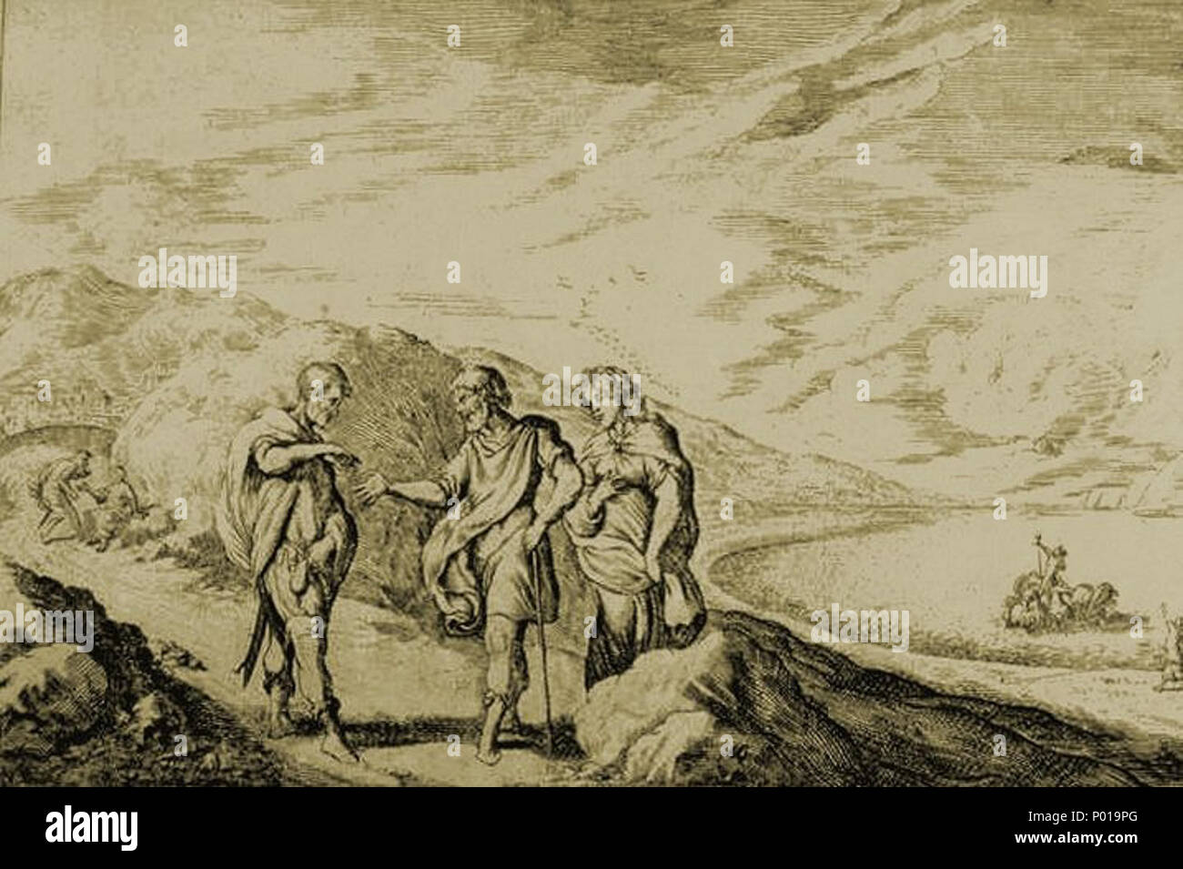 . Englisch: Erysichthon verkauft seine Tochter Mnestra. Kupferstich von Bauer für Ovids Metamorphosen, Buch VIII, 823-878. Français: Érysichton vend sa fille Mnestra. Tiefdruck de Bauer pour les métamorphoses d'Ovid, livre VIII, 823-878. 5 Bauer - erysichthon Mnestra Stockfoto