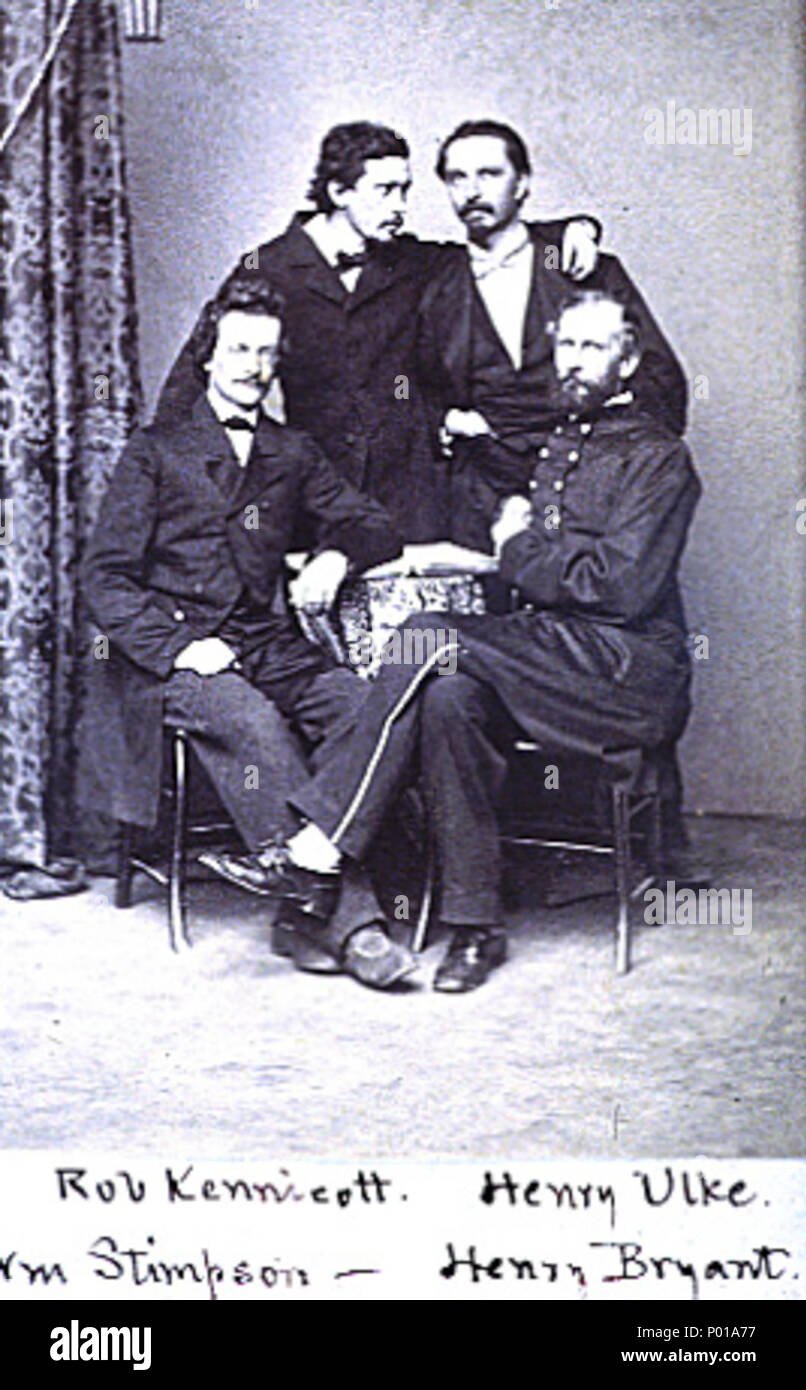 . Englisch: ein Foto von vier Mitgliedern des Megatherium Club. Ständigen L-R: Robert Kennicott und Henry Ulke. Sitzt L-R: William Stimpson und Henry Bryant. Foto vermutet Ulke Brüder, 1111 Pennsylvania Avenue, NW, Washington, D.C. ca. 1864. . Englisch: Megatherium Club. ca. 1855; 2007-10-31 (original Upload Datum) 15 MegatheriumClub Stockfoto
