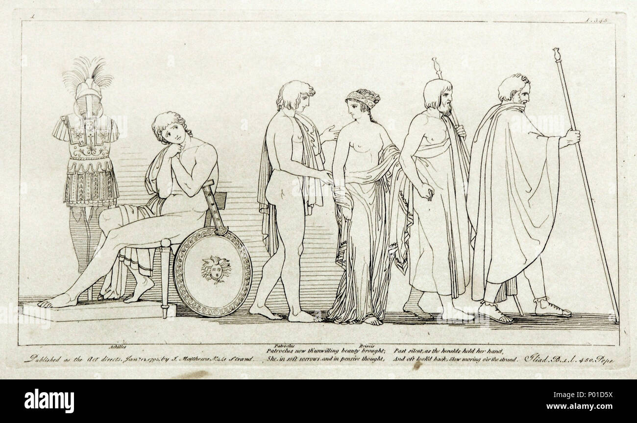 . English: Kupferstich (1795) von Tommaso Piroli (1752 - 1824) nach einer Zeichnung (1793) von John flaxman (1755 - 1826). Abbildung zur Ilias, 1. Gesang, Hexametern 354 - 358. . 18. April 2008. H.-P.Haack 12 (1) Flaxman Ilias 1793, gestochen 1795, 184 x 310 mm Stockfoto