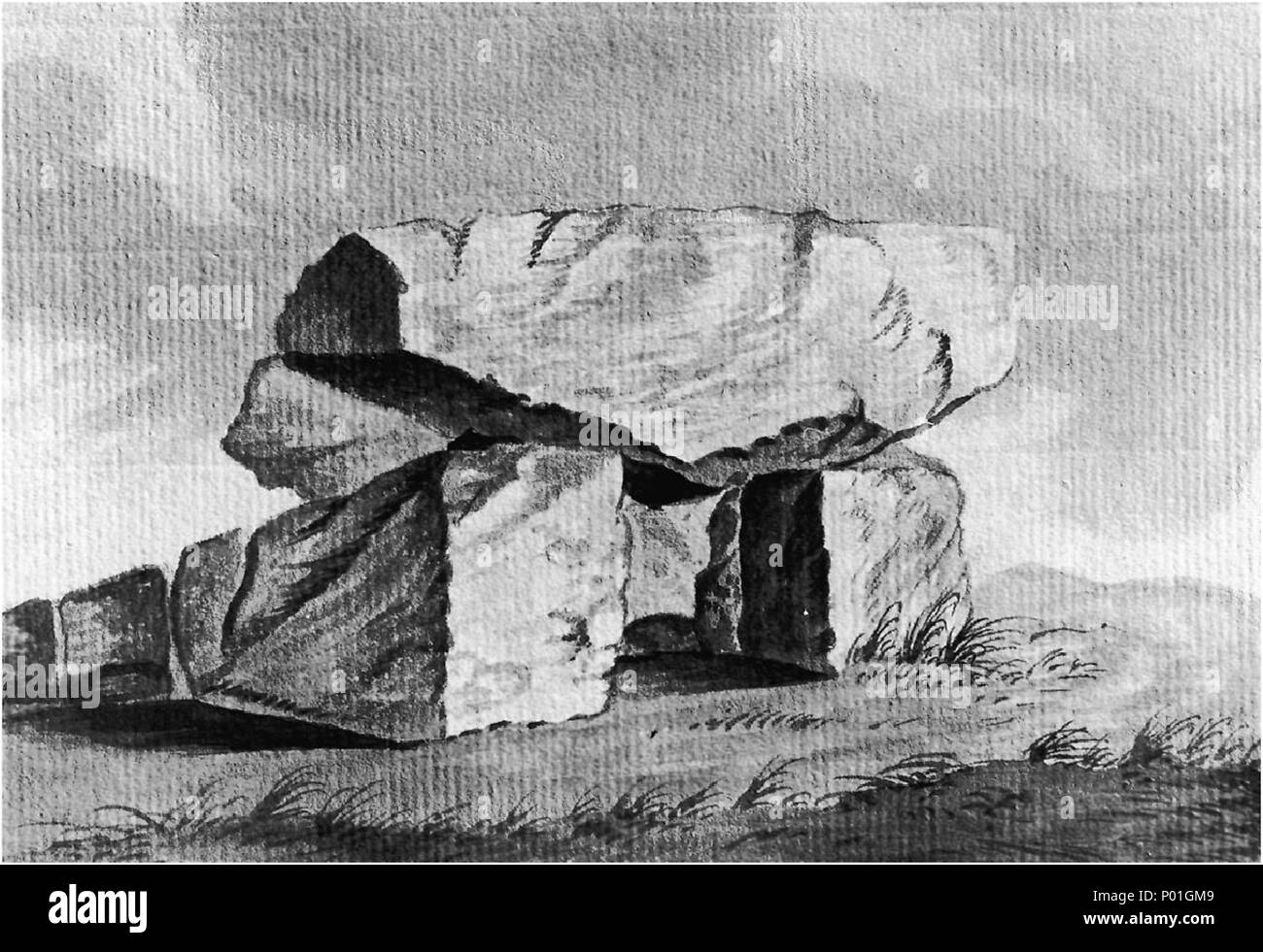 . Englisch: 1799 Zeichnung des Gerichtshofes Grab in der Gemeinde Kilclooney, County Donegal. Dies ist die Abschrift eines Werkes von William Burton Conyngham (1733 - 1796). Diese Zeichnung bietet eine Ansicht des Gerichtshofes Grab vor dem Sturz im 19. Jahrhundert verdrängt wurde. 1 Cromlech auf den Ländereien der Kilcluny, Co.donegal von Pfr. Joseph Turner 1799 Stockfoto
