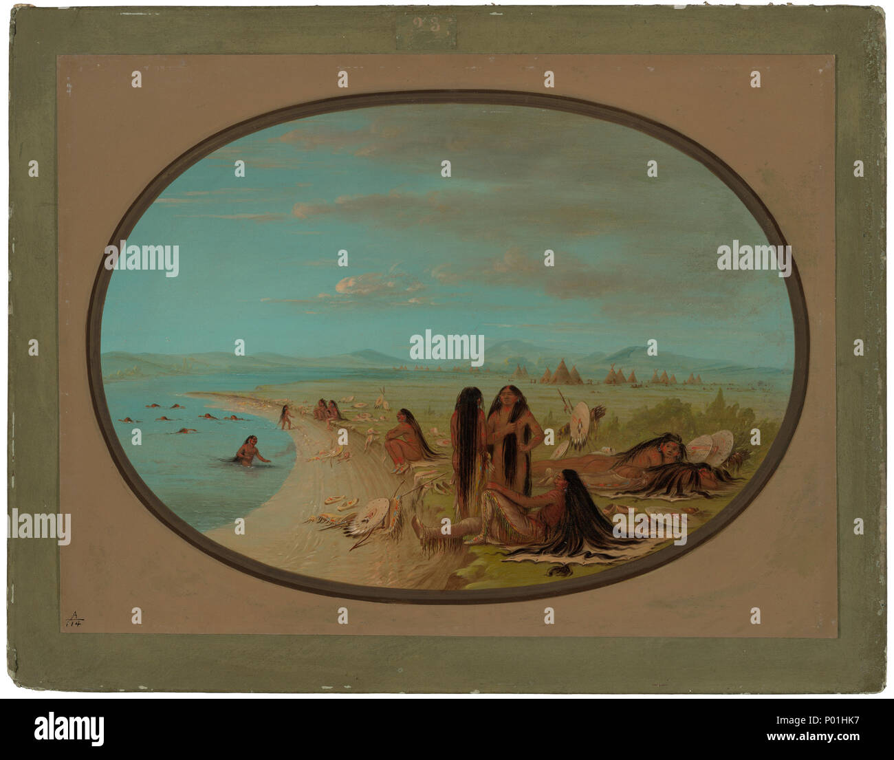 George Catlin, Krähe Krieger Baden, American, 1796-1872, 1861/1869, Öl auf Karte auf Pappe montiert, Paul Mellon Collection 7 Crow Krieger Baden C 16235 Stockfoto