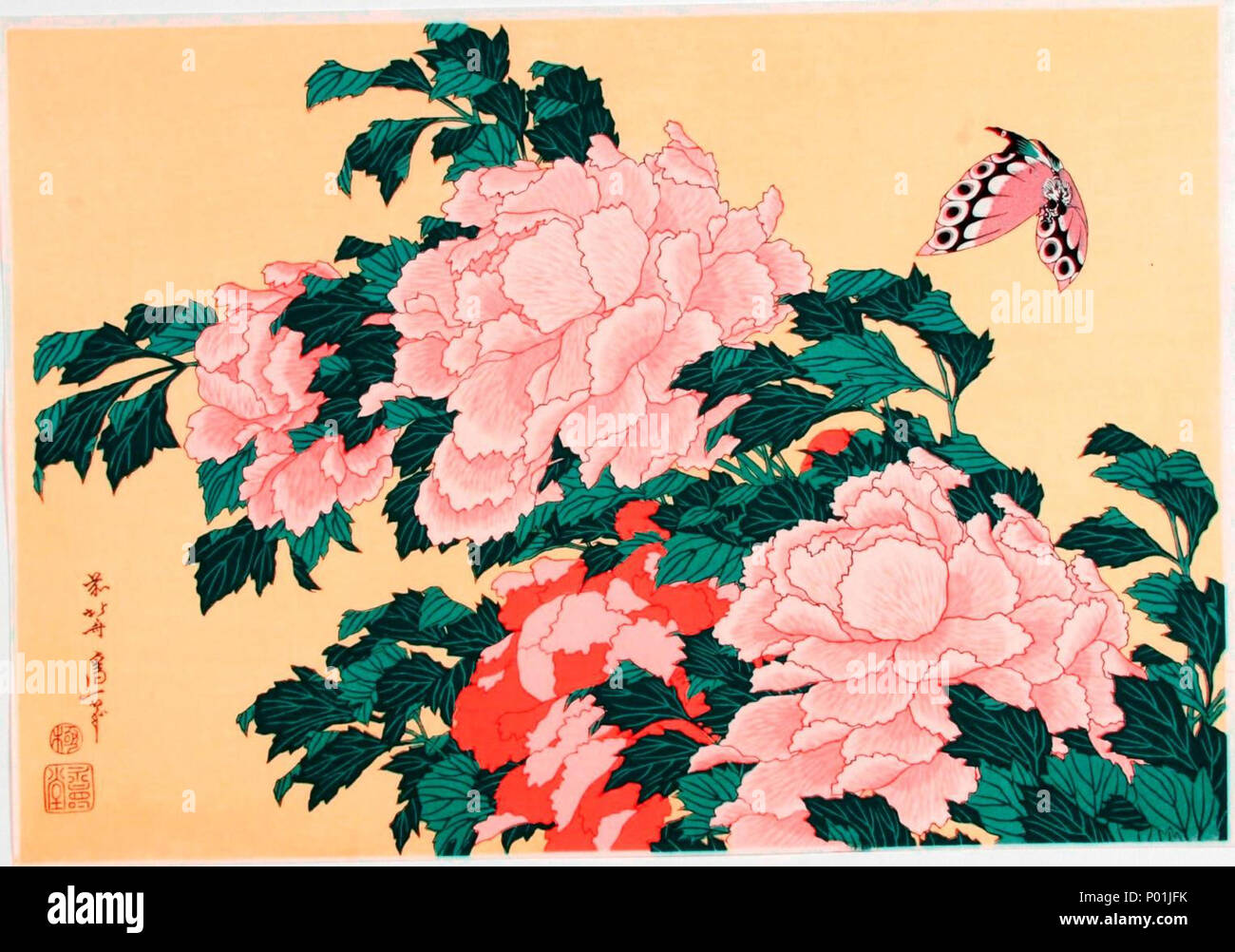 . Englisch: Katsushika Hokusai (1760-1849), Pfingstrosen und blühen. Sammlung japanischer Drucke von Centre Céramique, Maastricht, Niederlande. 25. November 2014. Katsushika Hokusai (1760-1849) 13 Katsushika Hokusai (1760-1849), Pioenroos met bloesem Stockfoto