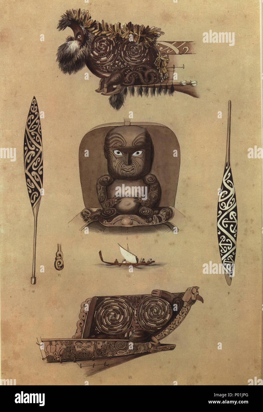 . Englisch: zierpflanzen Kanu, Paddel, &c. [Bild von Seite 98] PLATTE XLII. Kanu, Paddel, &c. 1. Geschnitztes Bild des Rauparaha, in einem seiner Krieg Kanus, auf Kapiti, Eintrag Insel. Die Figur ist aus hartem Holz geschnitten, und rot gefärbt mit Kokowai: Die Augen sind mit eingelegten pawa, den perligen Teil der haliotis Shell. 2. Reich Leiter eines Krieges Kanu vom Rauparaha eingerichtet. Einige der Krieg Kanus sind von 60 bis 80 Fuß Länge, und wenn sie in Gebrauch, sind munter mit Büscheln kaka und Albatross Federn verziert. 3. Geschnitzten Kopf eines Kanu an Kaiwarawara, ebenso farbigen Stockfoto