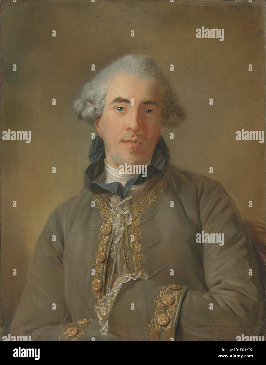 Portrait von Théophile Van Robais Portrait von Théophile Van Robais; Jean-Baptiste Perronneau (Französisch, 1715-1783); Frankreich; 1770; Pastell auf drei Blatt blau Papier, auf einem vorbereiteten Leinwand montiert; 74,3 × 57,5 cm (29 1/4 x 22 5/8 in.); 2005.52 19 Portrait von Théophile Van Robais 26534901 Stockfoto