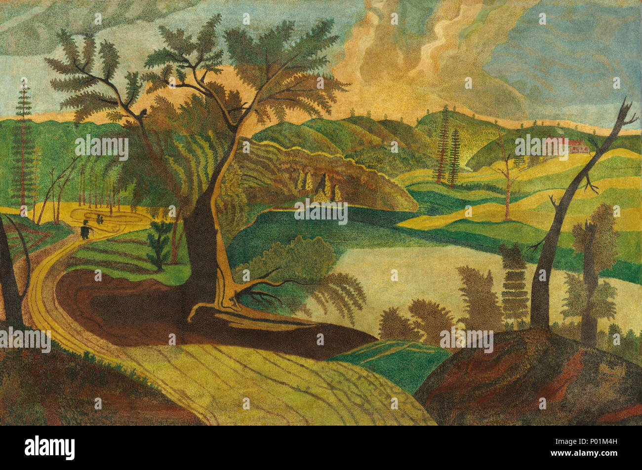 Malerei; Öl auf Leinwand; gesamt: 70,5 x 105,4 cm (27 3/4 x 41 1/2 in.) gerahmt: 88,6 x 124,4 x 3,8 cm (34 7/8 x 49 x 1 1/2 in.); 22 stilisierte Landschaft ein 18899 Stockfoto