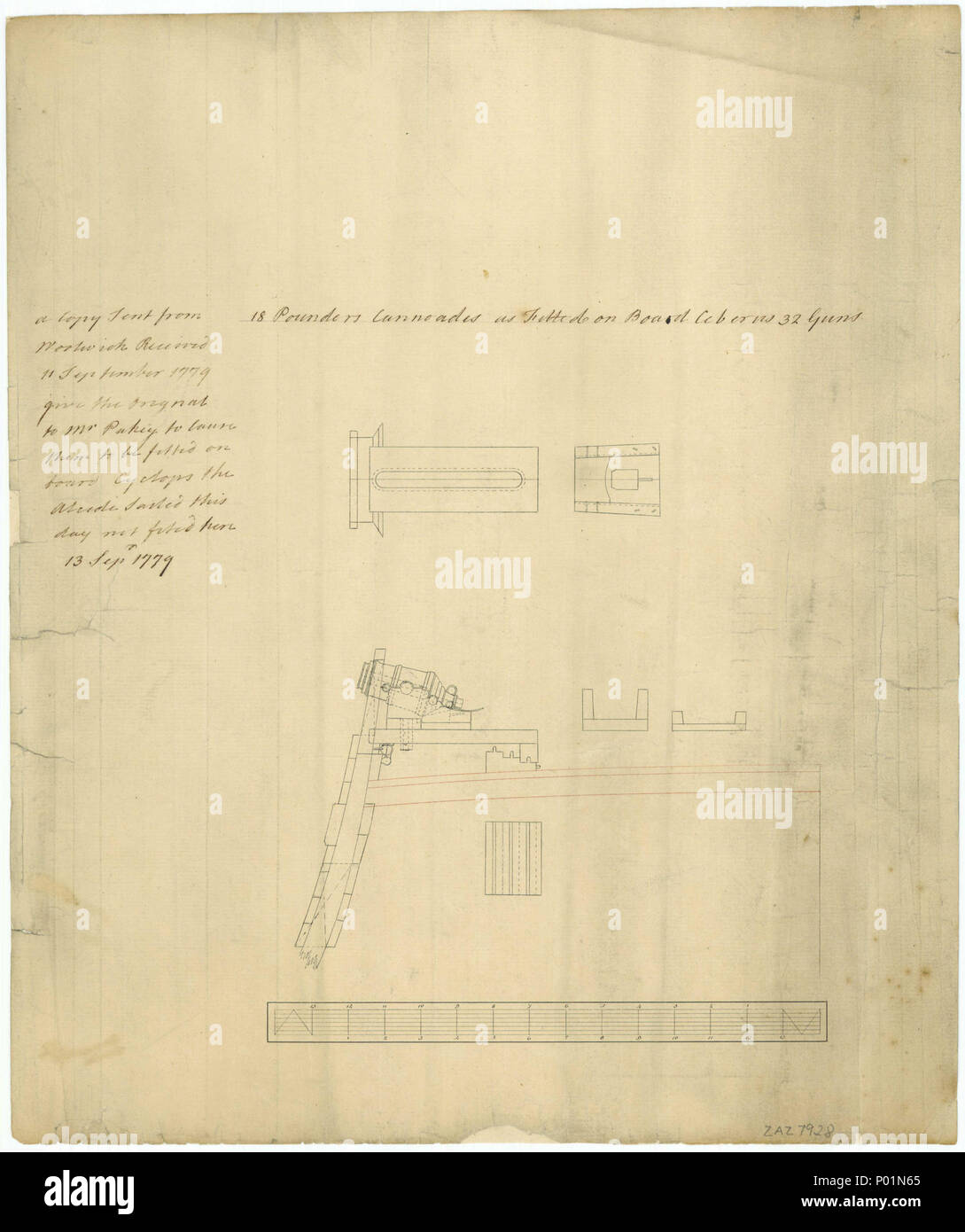 . Deutsch: "Cerberus" (1779); "alcide" (1779); "Cyclops" (1779) Plan, einen Plan und seitliche Höhe für ein 18 Pfünder carronade. Es zeigt die carronade auf der 'Inside' Prinzip, dass aufgrund der drohenden Einstellung der Takelage in Brand aufgegeben wurde. Die 3-Schritt Höhe system wurde auch aufgegeben. Der Plan ist für Cerberus (1779), ein 32-gun Fünfte Rate Fregatte und Cyclops (1779), 26 kommentierte-gun 6 Tarif. Die Alcide (1779), eine 74-gun Dritten Rate, 2-Decker, war nicht mit diesem System ausgerüstet ist. Eine Admiralität der Enterprize Klasse, die der Zyklop war einer, vom 2. Februar 178 Stockfoto