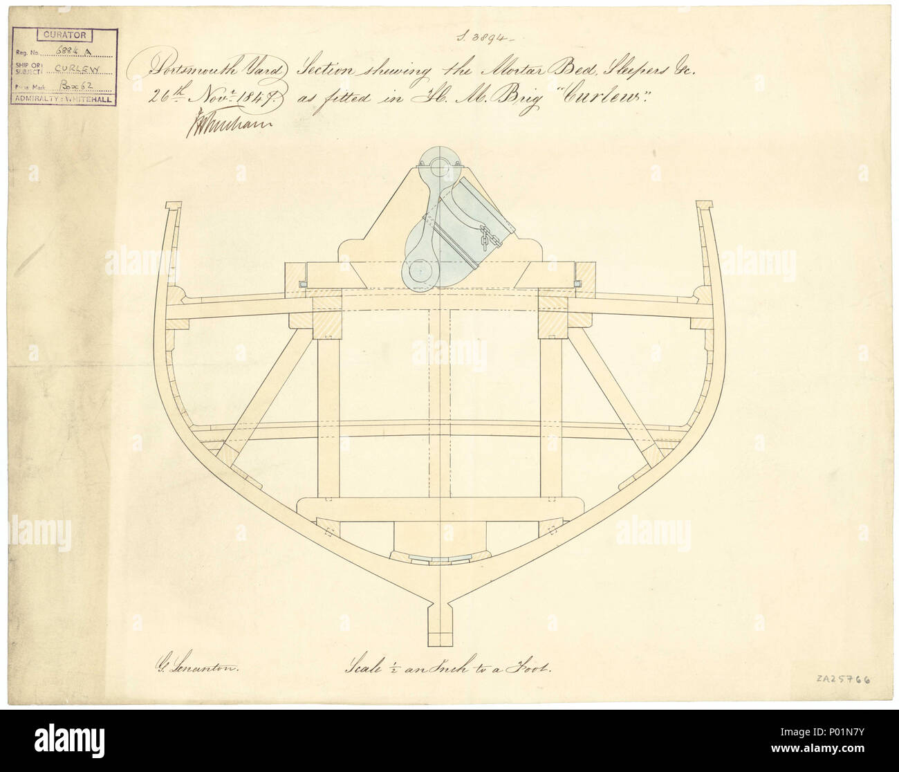 . Deutsch: "Curlew' (1830) Maßstab: 1:24. Ein Plan zeigt einen Abschnitt im Mörtel bombe Bett, Schwellen und Luken für die 'Curlew' (1830), eine 10-Gun Gun Brig. Das Schiff war früher ein 10-gun Brig und der Plan zeigt die Konvertierung in einen Mörser brig. Von John fincham [Master Shipwright, Portsmouth Dockyard, 1844-1852] unterzeichnet. "Curlew' (1830) Mörtelbett 3 'Curlew' (1830) RMG-J0333 Stockfoto