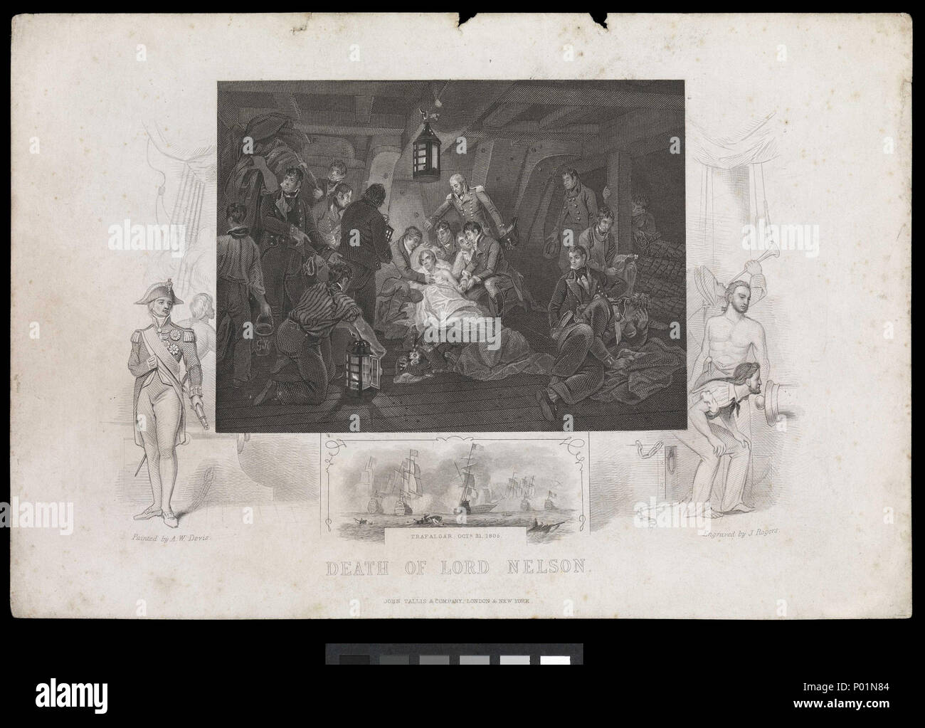 . Englisch: 'Tod des Lord Nelson, Trafalgar Octr 21 1805' einen Druck nach der Malerei 1807, "Der Tod von Nelson, 21. Oktober 1805' durch, die von Devis, BHC 2894, zwar nicht das Original, das von William Bromley eingraviert war und im Jahr 1812 veröffentlicht. Das zentrale Bild zeigt die Szene im Cockpit auf der "Sieg" während der Schlacht von Trafalgar, als Nelson im Sterben lag. Nelson sich in voller Länge von links, von einem Blatt abgedeckt, nur mit dem Kopf, linke Schulter und Arm sichtbar, und seine Uniform Mantel zu seinen Füßen verworfen. In der Mitte an der Rückseite der Sieg 'Captain, Sir Thomas Masterman Hardy, st Stockfoto