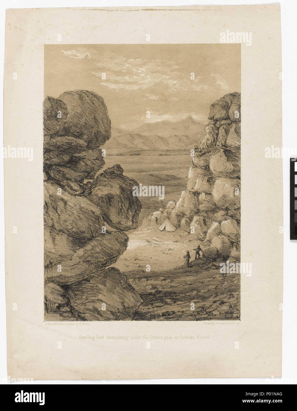 . Englisch: "Sofort welling Zelt unter dem Gipfel auf Riebecks Kasteel 'Riebecks Kasteel war einer der wichtigsten Stationen auf beiden Lacaille und maclear's Erhebungen verwendet die 'arc der Meridian' zu finden. Die Künstler William Mann zu diesem Zeitpunkt zweiter Assistent unter Thomas Maclear am Royal Observatory, Kap der Guten Hoffnung (Südafrika) und einen großen Teil seiner Arbeit war die Teilnahme an dieser Befragung teilzunehmen. Der Zweck der ersten Lacaille und dann Maclear's Umfragen wurde die Form der Erde zu untersuchen und insbesondere, um herauszufinden, ob die Form südlich des Äquators gespiegelt, der noch Stockfoto