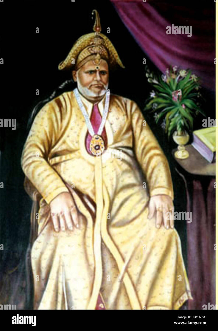 . Englisch: Zamorin von Calicut (1868-1892). 1766 Haider Ali von Mysore besiegte den Zamorin von Calicut - ein English East India Company zum Zeitpunkt abhängig - und absorbiert Malabar Bezirk zu sein. Nach dem Dritten Mysore Krieg (1790-92), Malabar war unter der Kontrolle des Unternehmens gelegt. Später den Status des Zamorins als unabhängiger Herrscher war, wie die Rentner des Unternehmens geändert. . 3.August 2010, 04:35:30. Unbekannt 107 Zamorin von Calicut (1868-1892) Stockfoto