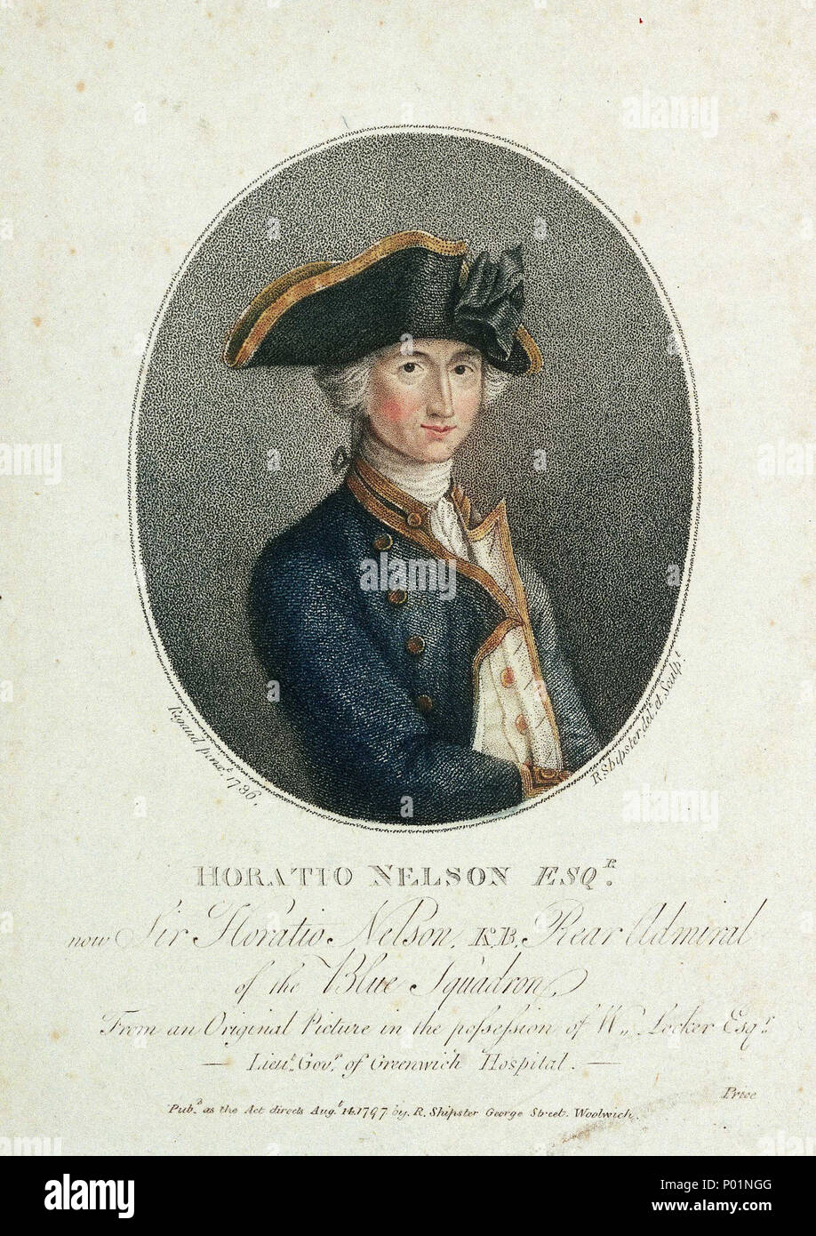 . Deutsch: "Horatio Nelson Esqr jetzt Sir Horatio Nelson K.B. Konteradmiral der Blue Squadron. Von einem ursprünglichen Bild im Besitz von W. Schließfach Esqr-lieut. Der Govr tipple Gravur von Greenwich Hospital. Eine nach dem Drucken des drei-viertel länge Porträt von Rigaud gemalt zwischen 1777 und 1781 (BHC 2901). Dies zeigt Nelson nach rechts in den Captain's in voller Uniform 1774-87. Er trägt einen Hut und seine Hände auf seine umhüllten Schwert vor ihm. Obwohl das Porträt im Jahr 1777, als Nelson war Leutnant begonnen wurde, es war nicht bis 1781, als er nach England zurück, als Kapitän beendet. Es war Stockfoto