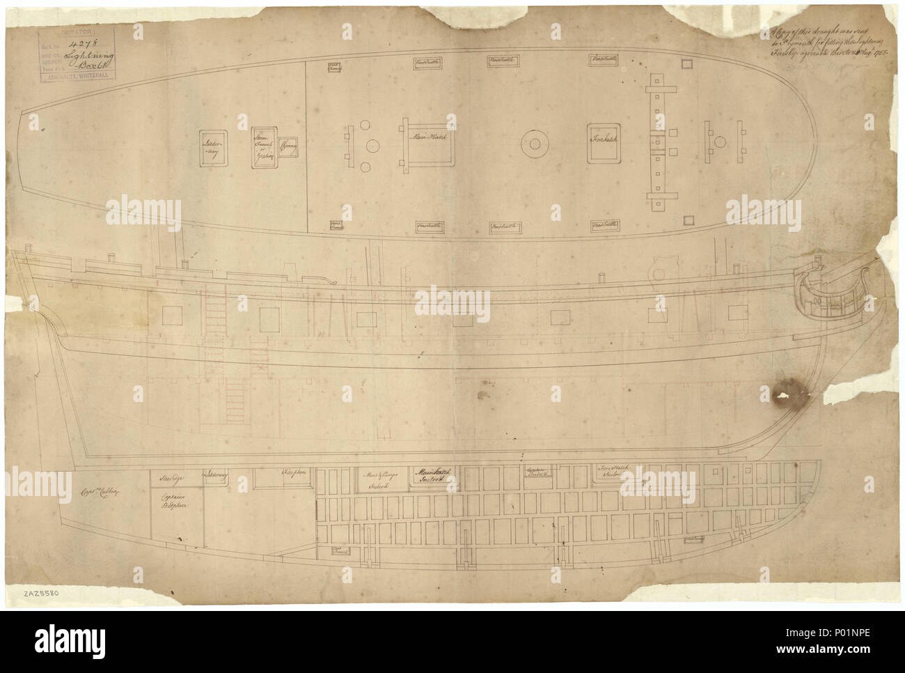 . Englisch: 'Blitz' (1755); "Raven" (1745); "grampus" (1746) Maßstab: 1:48 vermutlich. Ein Plan, der innenliegende Profil, Upper Deck und Quarter Deck, Längs- und Halb-Deck des oberen Decks Kabinen und carlines, für die 'Blitz' (1755) als für eine fireship ausgestattet ist, und gegebenenfalls 1762 für "Raven" (1745) 10 Pistole zwei dreimaster Sloop und "grampus" (1746) eine 14 Pistole zwei dreimaster Sloop. 'Blitz' (1755); "Raven" (1745); "grampus" (1746) Profil 4 'Blitz' (1755); "Raven" (1745); "grampus" (1746) RMG-J0311 Stockfoto