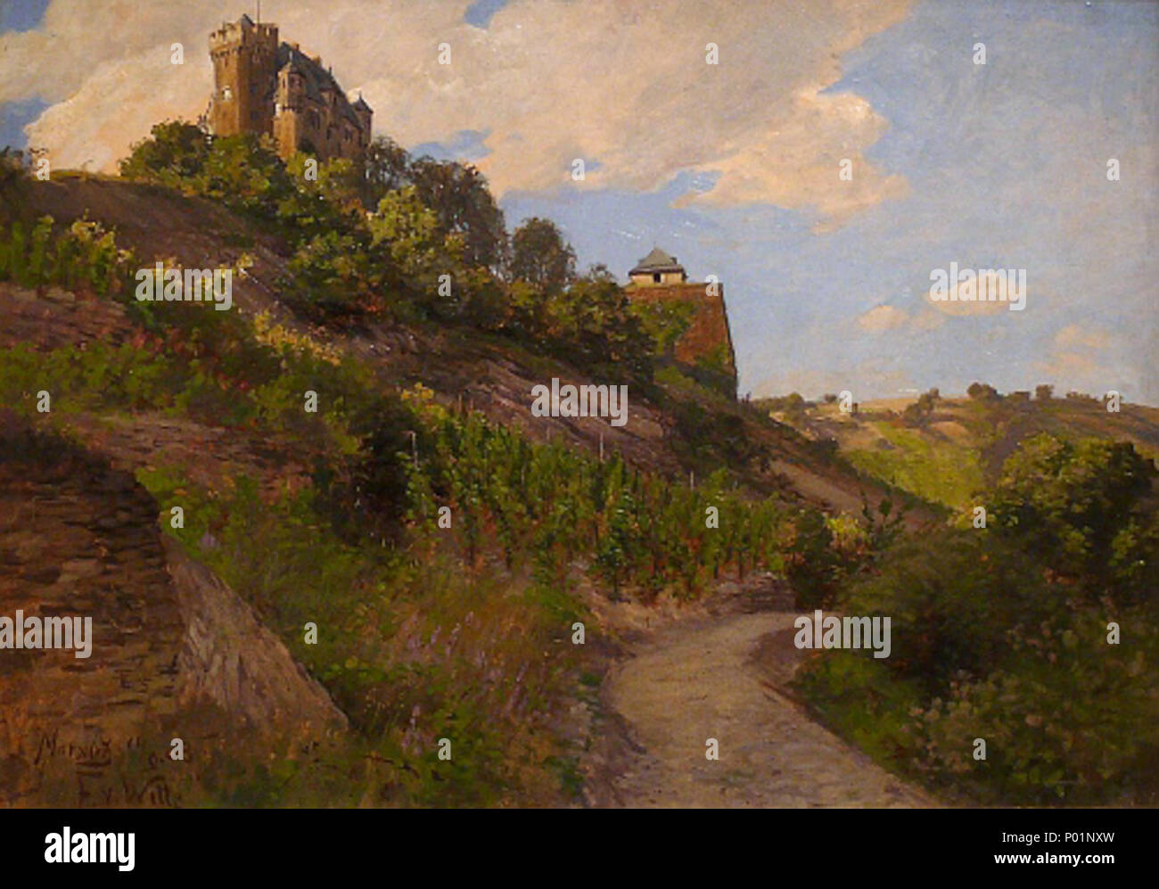 . English: Blick auf die Marksburg. Öl auf Pappe, 43,5 x 64 cm, betitelt, datiert und signiert "Marxbg 09.11 .88 F. v. Wille". 11 September 1888, 38 Fritz von Wille 0312 Stockfoto
