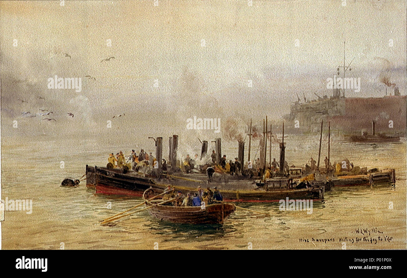 . Englisch: 'Mine Kehrmaschinen warten auf den Nebel zu heben'; Weg fort Blockhaus, Portsmouth Eingeschrieben, wie Titel, und vom Künstler signiert, unten rechts. Diese stimmungsvolle Aquarell wurde reproduziert (in Schwarz und Weiß) in Wyllie und M.F. Wren's ea kämpft der Große Krieg' (1918) w. S. 40. Es zeigt etwa ein halbes Dutzend Hafen startet zu einer Boje aus Fort Blockhaus, am Eingang zu Portsmouth Harbour, mit mehr Männer an Bord kommen in einer großen Rudern barge gebunden, wie sie für morgen Nebel zu löschen Warten. Sie waren nicht Minensuchboote im technischen Sinne: Ihre Aufgabe war der Ansatz Kanäle zu prüfen. Stockfoto