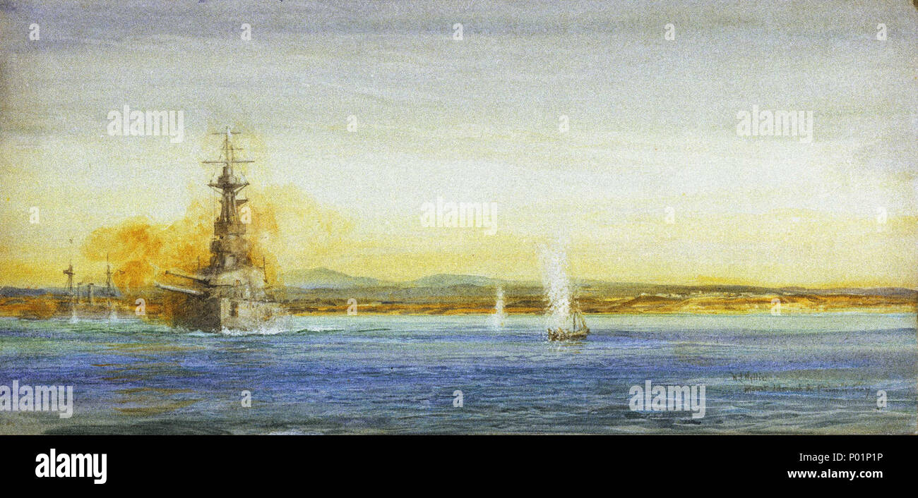 . Englisch: 'Mount Ida und die Ebenen von Troy'; mit dem Schlachtschiff 'Queen Elizabeth' Brennen bei türkischen Positionen in den Dardanellen, 1915 von dem Künstler über seine Inschrift unterzeichnet, wie Titel, beide mit Bleistift unten rechts. Ein Blick auf das Schlachtschiff "Queen Elizabeth" in Aktion in der dardanellen zwischen 19. Februar und 27. April 1915. Im Hintergrund auf der linken Seite ist ein "Canopus"-Klasse Schlachtschiff - "Albion", "Canopus', 'Ocean' oder 'Vengeance'. Dieses ist vielleicht der "Queen Elizabeth" indirekte Bombardierung des türkischen Festungen am 8. März 1915, als sie durch die "Canopus" schließen Küstennahe abgedeckt. Türkische zurück fir Stockfoto . Englisch: 'Mount Ida und die Ebenen von Troy'; mit dem Schlachtschiff 'Queen Elizabeth' Brennen bei türkischen Positionen in den Dardanellen, 1915 von dem Künstler über seine Inschrift unterzeichnet, wie Titel, beide mit Bleistift unten rechts. Ein Blick auf das Schlachtschiff "Queen Elizabeth" in Aktion in der dardanellen zwischen 19. Februar und 27. April 1915. Im Hintergrund auf der linken Seite ist ein "Canopus"-Klasse Schlachtschiff - "Albion", "Canopus', 'Ocean' oder 'Vengeance'. Dieses ist vielleicht der "Queen Elizabeth" indirekte Bombardierung des türkischen Festungen am 8. März 1915, als sie durch die "Canopus" schließen Küstennahe abgedeckt. Türkische zurück fir Stockfoto