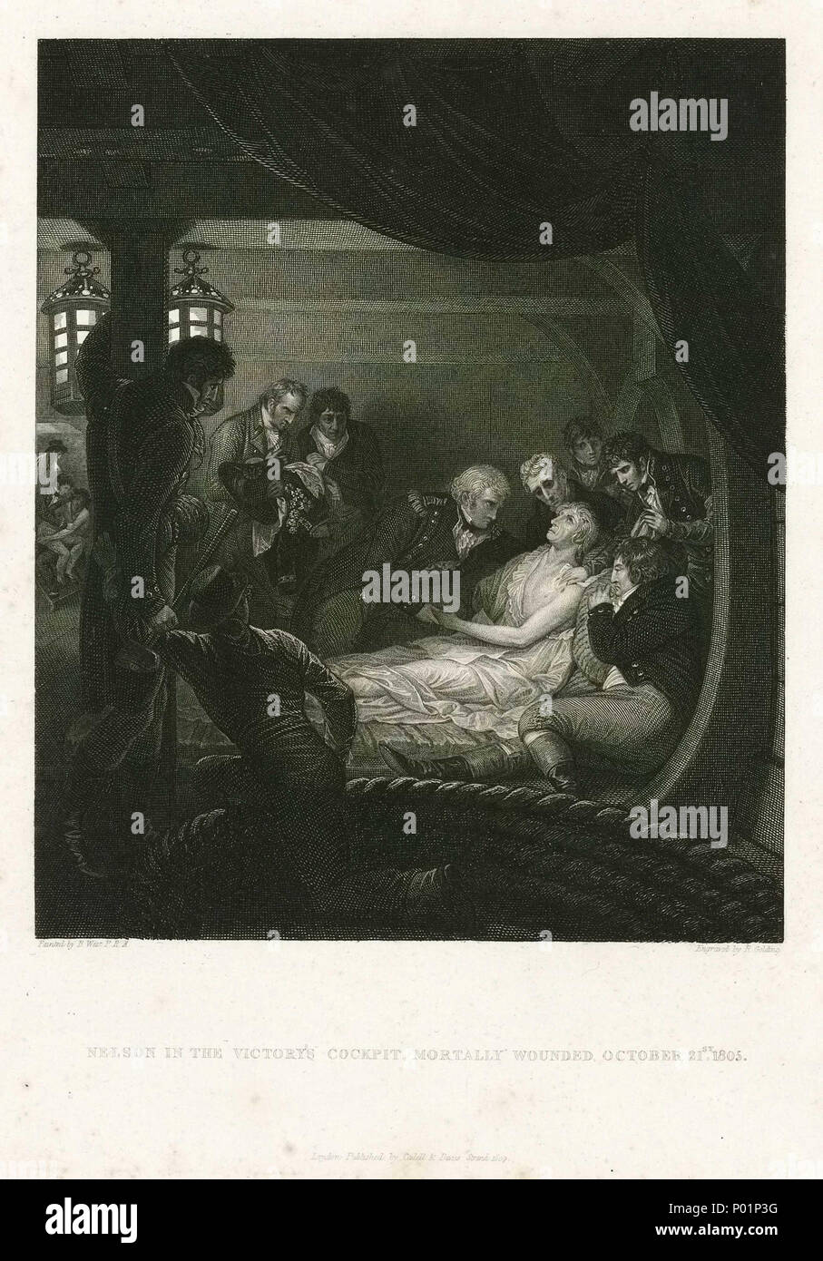 . Deutsch: "Nelson im Cockpit des Sieges, tödlich verwundet am 21. Oktober 1805 "Drucken" aus dem Jahr 1808 malen von Westen, "Der Tod von Lord Nelson im Cockpit des Schiffes "Sieg"' (BHC 0566), zeigt die Szene im Cockpit während der Schlacht von Trafalgar, 21. Oktober 1805. Es wurde von John McArthur als Platte für die Biographie er mit James Stanier Clarke schrieb in Auftrag gegeben wurde, "Das Leben von Admiral Lord Nelson, KB', 1809 und wurde von Richard Goulding eingraviert. Die Erzählung verbindet Porträts der wichtigsten Figuren und die Konventionen der Historienmalerei Nelson's Sterben Momente zu zeigen Stockfoto