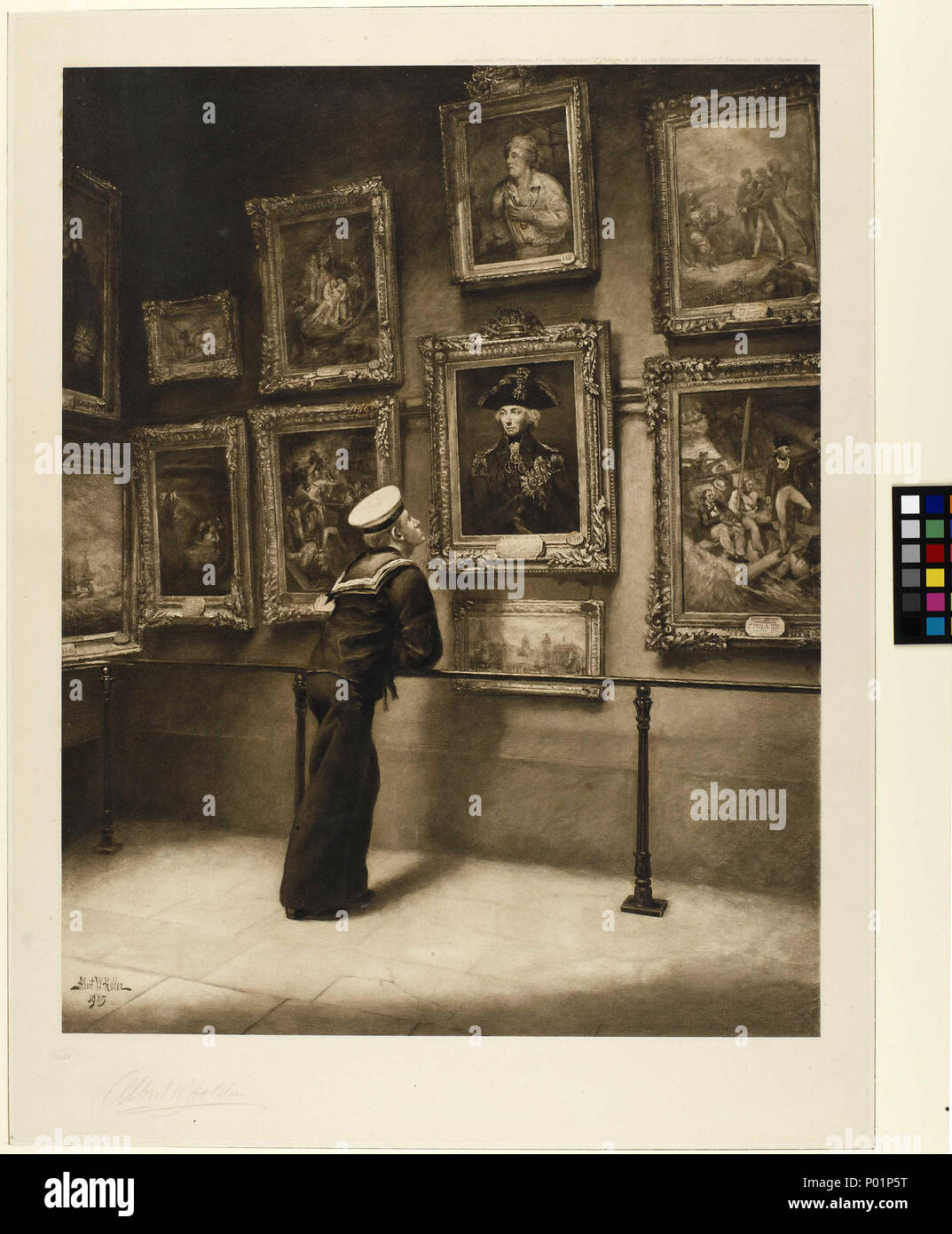 . Deutsch: "Vor hundert Jahren 1805-1905" (aktualisierte, Dezember 2013) Von ein Ölgemälde Kennzeichnung der Trafalgar Centenary, Lager Holdens Unterschrift und das Datum unten links, in der Platte reproduziert. Es zeigt eine Royal Naval Seemann in den 'Nelson' aus der oberen Halle in der gemalten Saal des Royal Naval College in Greenwich. Früher war dies die Greenwich Hospital Records, wo Nelson's Sarg zunächst bei seiner Ankunft am 23. Dezember 1805 Vor seiner Lügen in Staat im Januar 1806 gelegt wurde. Der Seemann lehnt sich an die Leitplanke suchen Bei Nelson Gemälde aus der Greenwich Hospital co Stockfoto