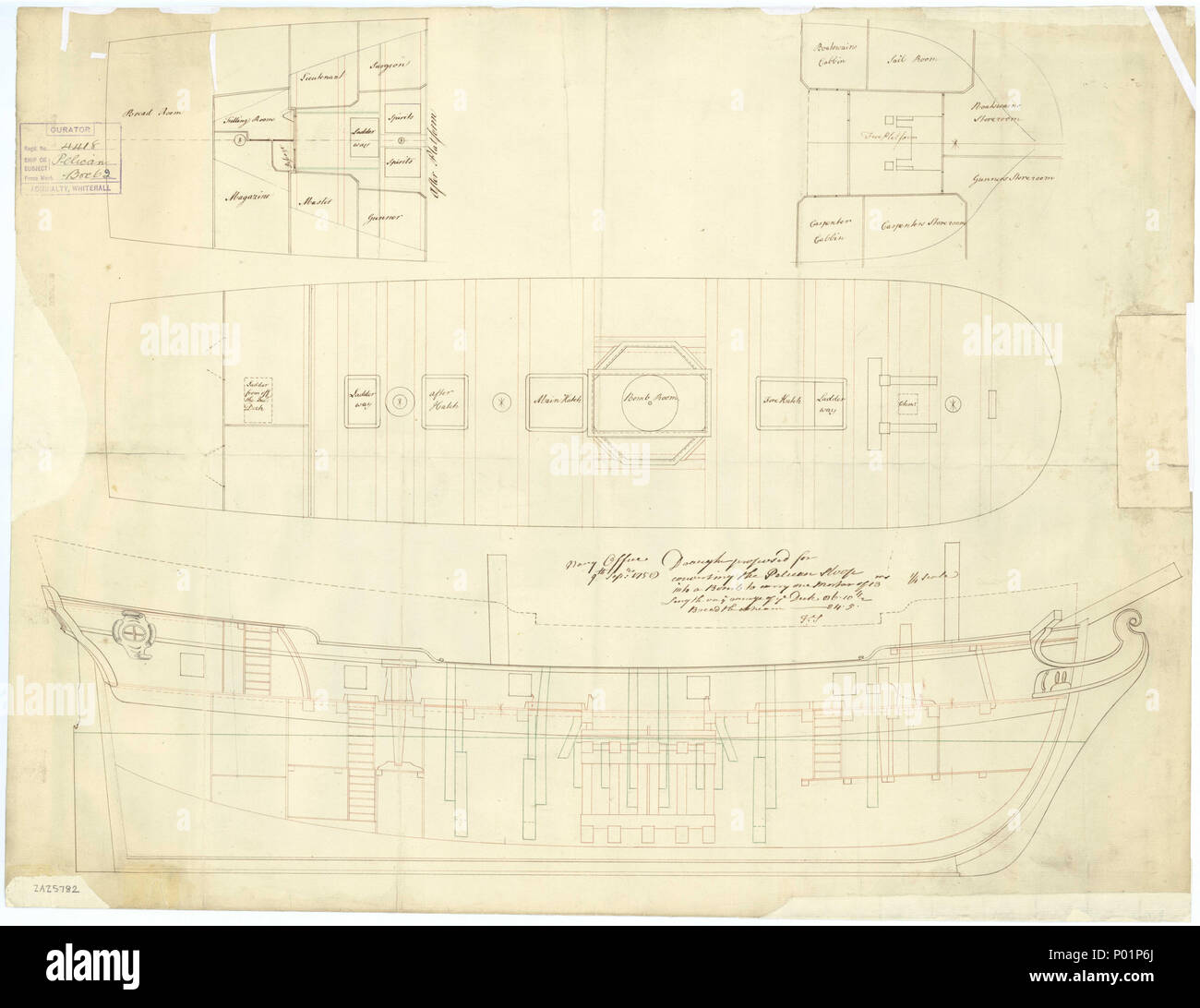 . Englisch: 'Pelican' (1757) 16-gun sloop Maßstab: 1:48. Ein Plan, der die wichtigste Plattform, Oberdeck und Innenbordmotoren Profil mit Blättern, Kopf, als für die Umwandlung der 'Pelikan' (1757), ein 16-gun ship Sloop, in eine Bombe Schiff eine 13 Zoll Mörtel zu tragen. 'Pelikan' (1757) Profil 5 'Pelikan' (1757) 16-gun Sloop RMG-J0392 Stockfoto