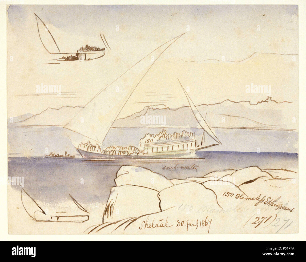. Englisch: hetaal 30 Jany. 1867 (271) "Diese Skizze des Nils von Edward Lear wurde am 30. Januar 1867 während der dritten des Künstlers Besuch in Ägypten. Es zeigt einen traditionellen Ägyptischen Frachter mit einer großen Anzahl von Personen segeln entlang des Flusses in Mid-stream überfüllt. Karge Land wird im Hintergrund ausgeführt, während der Zuschauer scheint zu stehen auf Felsen in der unmittelbaren Vordergrund. Zwei kleinere Skizzen von Schiffen, die nicht mit der Szene, in der unteren und der oberen linken Ecke des Blattes gesehen werden. Von der Zeit seines dritten Besuch in Ägypten, Lear hatte seine individuelle Sty etabliert Stockfoto
