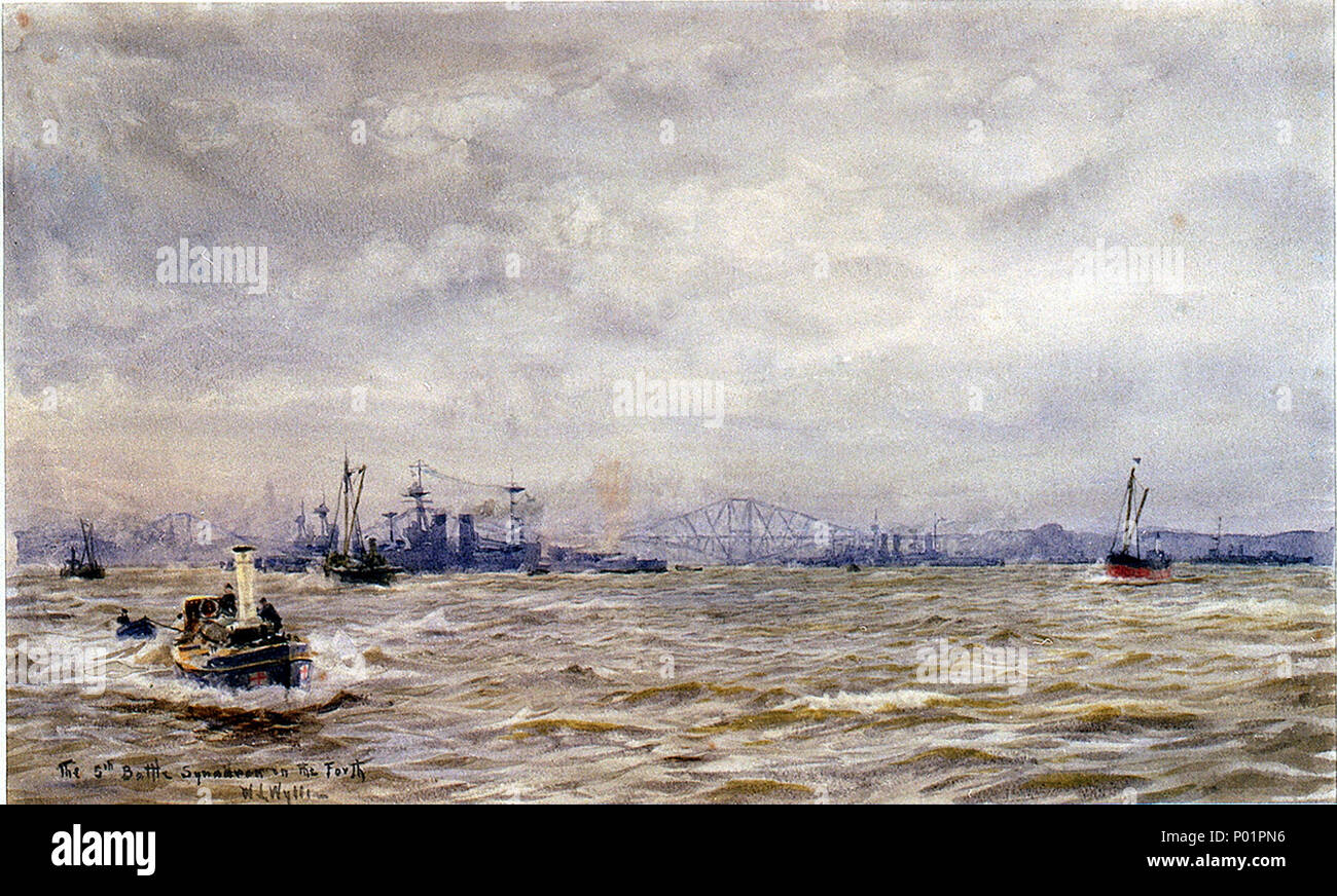 . Deutsch: "Die 5 Battle Squadron in der Her" eingeschrieben, wie Titel, und vom Künstler signiert, unten links. Das Aquarell zeigt Wyllie's Fähigkeit, Schiffe, Meer, Himmel und Wetter mit einer scheinbar spontane Aquarell Technik mit tiefen Kenntnis der technischen Informationen und der natürlichen Phänomene gekoppelt abbilden. In der Zeit der Schlacht von Jütland, 31. Mai 1916, der 5. Schlacht Geschwader bestand aus fünf Schlachtschiffe der 'Queen Elizabeth' Klasse unter Konteradmiral Evan-Thomas: "Queen Elizabeth", "Barham", "warspite", "Valiant" und "Alaya', obwohl 'Queen Elizabeth' wurde undergoi Stockfoto