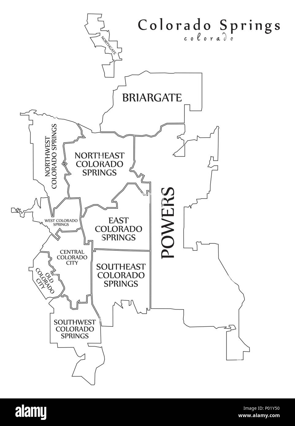 Moderne Stadtplan Colorado Springs Co Stadt Der Usa Mit Nachbarschaften Und Titel Ubersichtskarte Stock Vektorgrafik Alamy