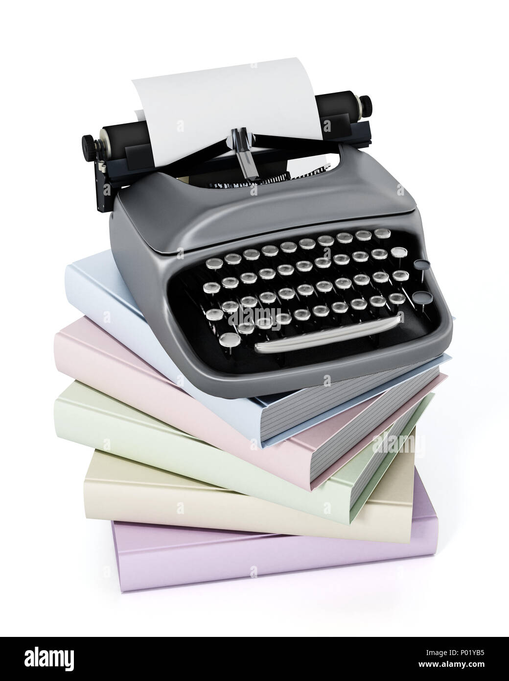 Schreibmaschine und Bücher auf weißem Hintergrund. 3D-Darstellung. Stockfoto