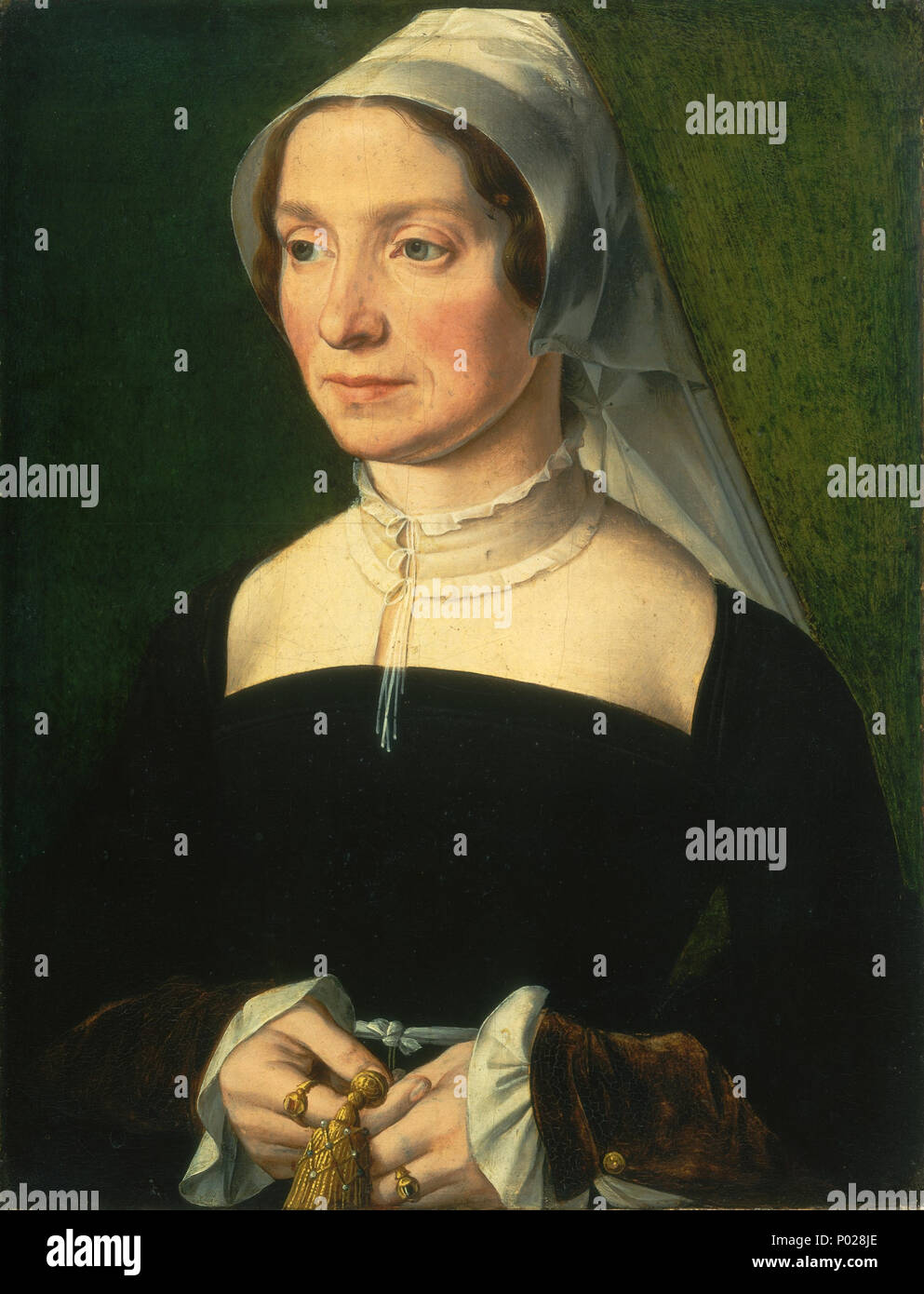 Malerei; Öl auf Leinwand; bemalte Fläche: 24,5 x 18,8 cm (9 5/8 x 7 3/8 in.) Insgesamt (Panel): 26 x 20,1 cm (10 1/4 x 7 15/16 in.); 25 Frau von einem Mitglied der Familie de Hondecoeter SC -000768 Stockfoto