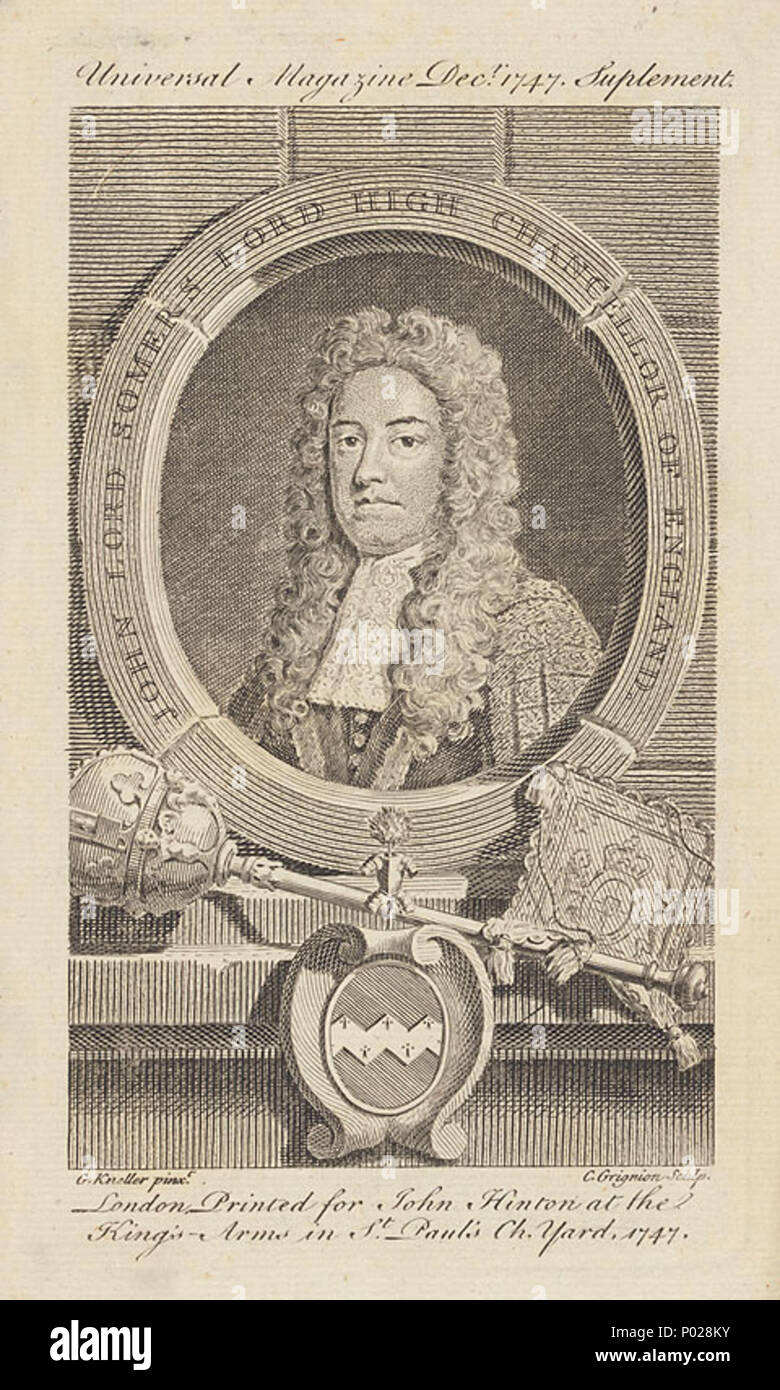 . John Somers, 1. Baron Somers (1651-1716). 1747. Charles Grignion der Ältere ( - 1810) Alternative Namen Charles Grignion der Ältere Beschreibung englischer Kupferstecher und Verfasser der Vater von Charles Grignion II Datum der Geburt / Tod 1717 1. November 1810 Ort der Geburt / Todes Londoner Kentish Town Standort London Authority control: Q 5078450 VIAF:?:? ISNI 10121818 0000 0001 2120 4983 ULAN:?? Nr 500020329 LCCN: 92033356 NLA:? 35649053 WorldCat nach Godfrey Kneller (1646-1723) Alternative Namen Gottfried Kneller, Geburt Name: Gottfried Kniller Beschreibung Deutsche Maler, draugh Stockfoto