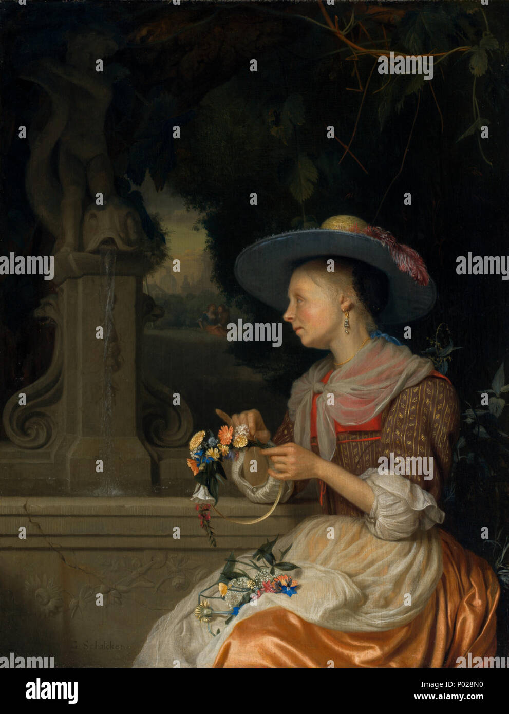 Malerei; Öl auf Leinwand; gesamt: 26,7 x 20,3 cm (10 1/2 x 8 in. mit Rahmen): 37,6 x 31,4 x 5,1 cm (14 13/16 x 12 3/8 x 2 in.); 26 Frau Weben eine Krone von Blumen ein 10100 Stockfoto