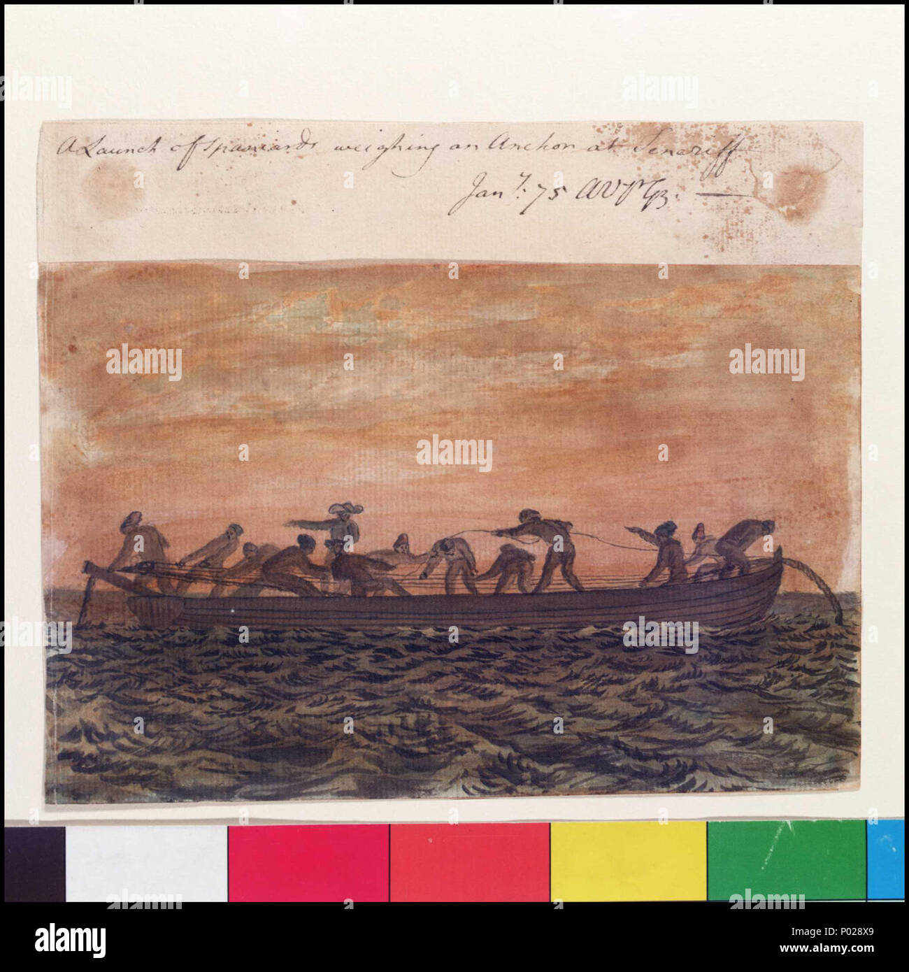 . Englisch: 'Eine Einführung von Spanier wiegen ein Anker auf Teneriff, Jany 75' [Bray Album]. 33 von 74 (PAJ 1976 - PAJ 2049) Blick getroffen auf dem Weg nach Afrika in die "Pallas", vermutlich im Hafen von Santa Cruz de Tenerife. Die Männer sind mit einem starten, das größte Boot Schiffe, die normalerweise durchgeführt, zur Wiederherstellung eines Schiffes Bower, oder streamen Sie Anker - große und schwere. Die Anker wurden manchmal verloren oder in Eile in Liegeplätze glitt, ihre Position durch den Auftrieb Kabel: Wenn möglich, sie wurden später für die Sammlung abgerufen oder manchmal sogar auf geschickt ihr Schiff wieder zusammenzubringen. Es ist eines von 73 Zeichnungen von B Stockfoto