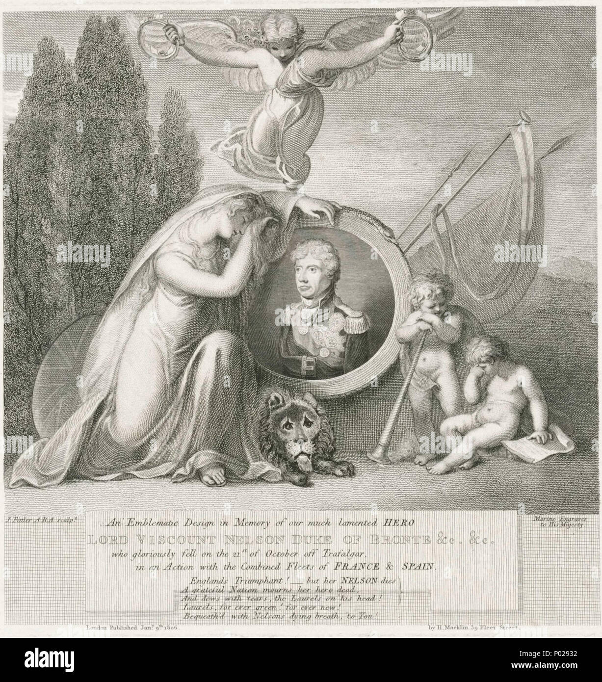 . Deutsch: "Ein emblematisches Design in Erinnerung an unsere viel beklagte Hero Lord Viscount Nelson Herzog von Bronte & c&C..." Technik schließt Ätzen. Eine populistische Drucken innerhalb von vier Monaten nach der Schlacht von Trafalgar, wo der Tod von Nelson auf der Höhe seines Ruhmes ein Kult der Hero inspiriert produziert - Anbetung. Zahlreiche Bilder wie diese wurden benutzt, um ihn zu erhöhen. Die Szene ist gegen eine Landschaft von Zypressen, traditionell mit dem Tod, in dem eine sitzende Britannia gezeigt wird Trauer durch ein Portrait von Nelson verbunden. Sie wird durch die Attribute traditionell mit Minerva, Göttin verbundenen begleitet Stockfoto