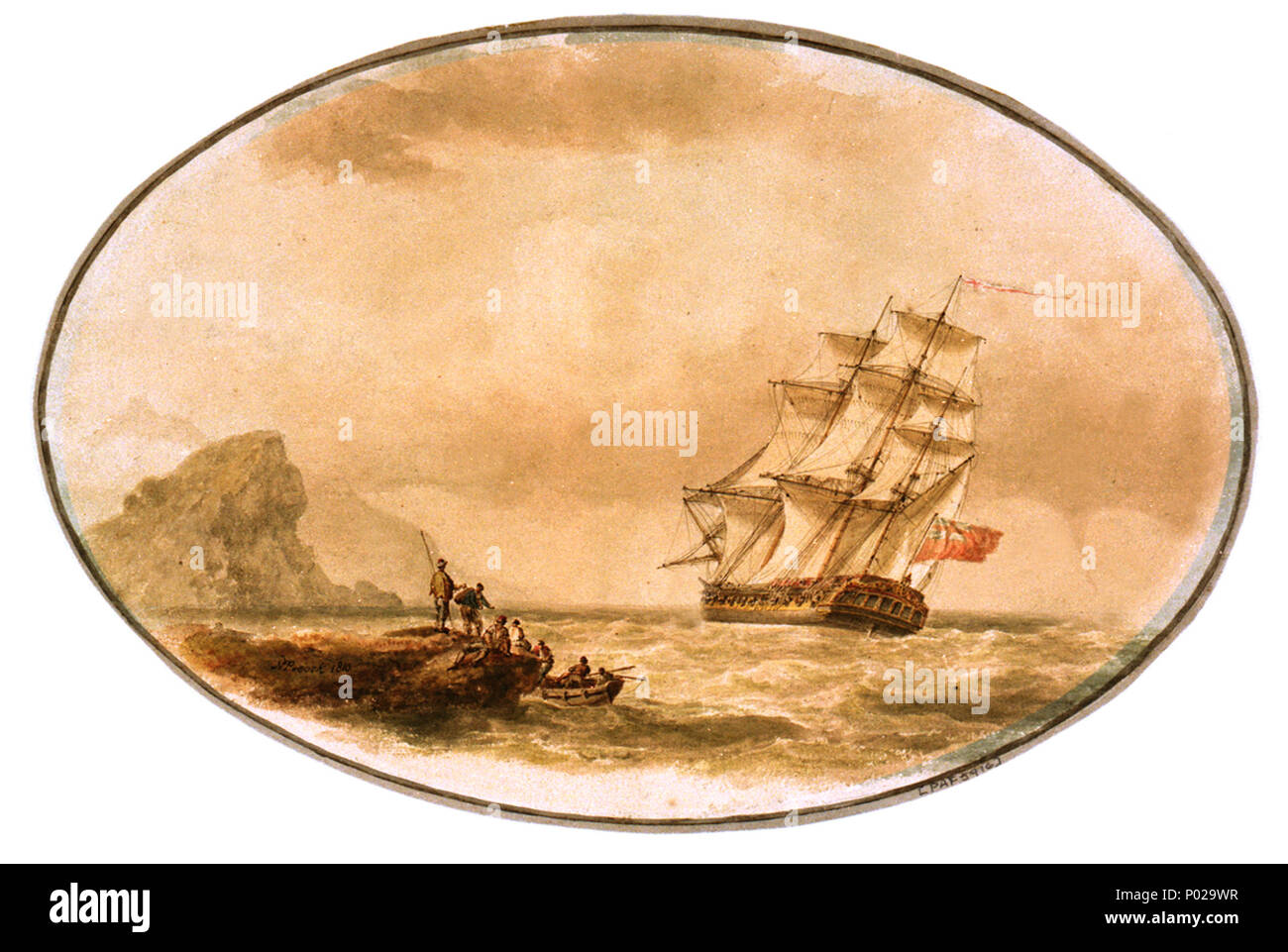 . Deutsch: "Die Brise erfrischt und biegt nach Süden"; Illustration zu Falconer's "Der Untergang" (1811 Ed., S. 51) Der fünfte in einer Reihe von 10 Zeichnungen, von denen die NMM-Sammlung enthält neun (PAF 5913 - PAF 5921). Die gedruckten Beschreibung der Platte auf der Grundlage von es, wahrscheinlich Geschrieben von Pocock, lautet: "Die Lenkung Segel, &c. In getroffen werden. Die Werften in den Wind verspannt. Krampen an Bord, und Top-Galanten - Segel gesetzt: das Schiff nach dem Drücken des Segels. Die Water-Spout in ihr, nach Lee gesehen wird. RETIMO [Rhethimon] auf der linken Seite und MALACHA's Vorland". Durch die Kunst unterzeichnet. Stockfoto