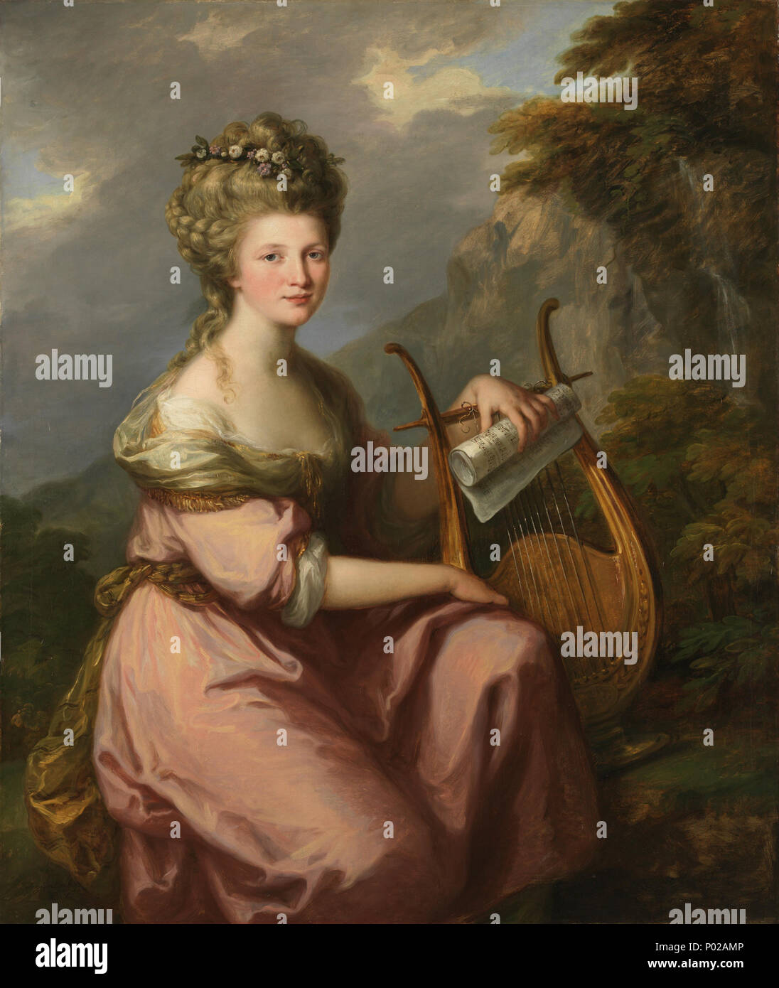 . Englisch: Katalog Eintrag: Angelica Kauffmann Portrait des renommierten Sängerin Sarah Harrop (Mrs. Bates), diskutierbar Meisterwerk des Künstlers in der portraitmalerei, ist eine seltene Darstellung eines selbstgebauten Frau, die große Handelian interpret Sarah Harrop (1755 - 1811), von einem der sehr wenigen professionellen Künstlerinnen der Periode. Kauffmann, einer von zwei weiblichen Mitbegründer der britischen Royal Academy zeigt Harrop in der Wüste sitzt, eine Leier an Ihrer Seite und ein gerolltes Blatt von Musik in ihrer Hand. Der Berg, den Mount Parnassos, ist die Heimat der Musen und der Wasserfall Fragen aus der Hippokrene spri Stockfoto