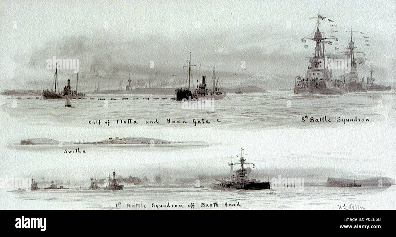 . Deutsch: "Der Eingang zu drei Studien Scapa Flow" auf ein Blatt, vom Künstler signiert, unten rechts, das war mit dem Titel oben in seiner Zusammenarbeit verfasste Buch "mehr Meer kämpft der großen Kriege", S. 74) wiedergegeben. Die obere Zeichnung ist von ihm die "Wade Flotta und Hoxa Gate' auf der linken Seite und die "5th Battle Squadron" auf der rechten Seite, bestehend aus 'Queen Elizabeth'-Klasse Schlachtschiffe, mit der "Barham" führt die "Valiant" zu identifizieren. Ihre rig zeigt an, ein Datum von 1916-17. In der Mitte ist eine kleine Insel Küste Studie von seewärts der miteinem' beschriftet. Die untere Zeichnung beschriftet Stockfoto