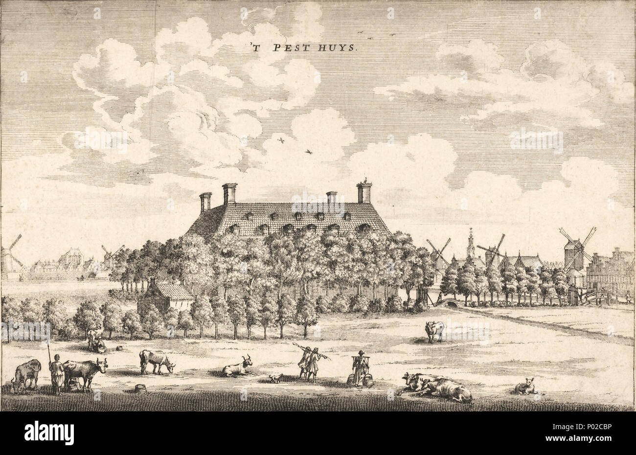 . Deutsch: 't Pesthuys te Amsterdam. Trefwoorden: prent, ETS, Tiefdruck, stadsgezicht stadsgezicht, Amsterdam, Buitengasthuis, Overtoom, Tweede Constantijn Huygensstraat. Prentencollectie Amsterdam Museum 17 1663 Pesthuys Overtoom AmsterdamMuseum PD Stockfoto