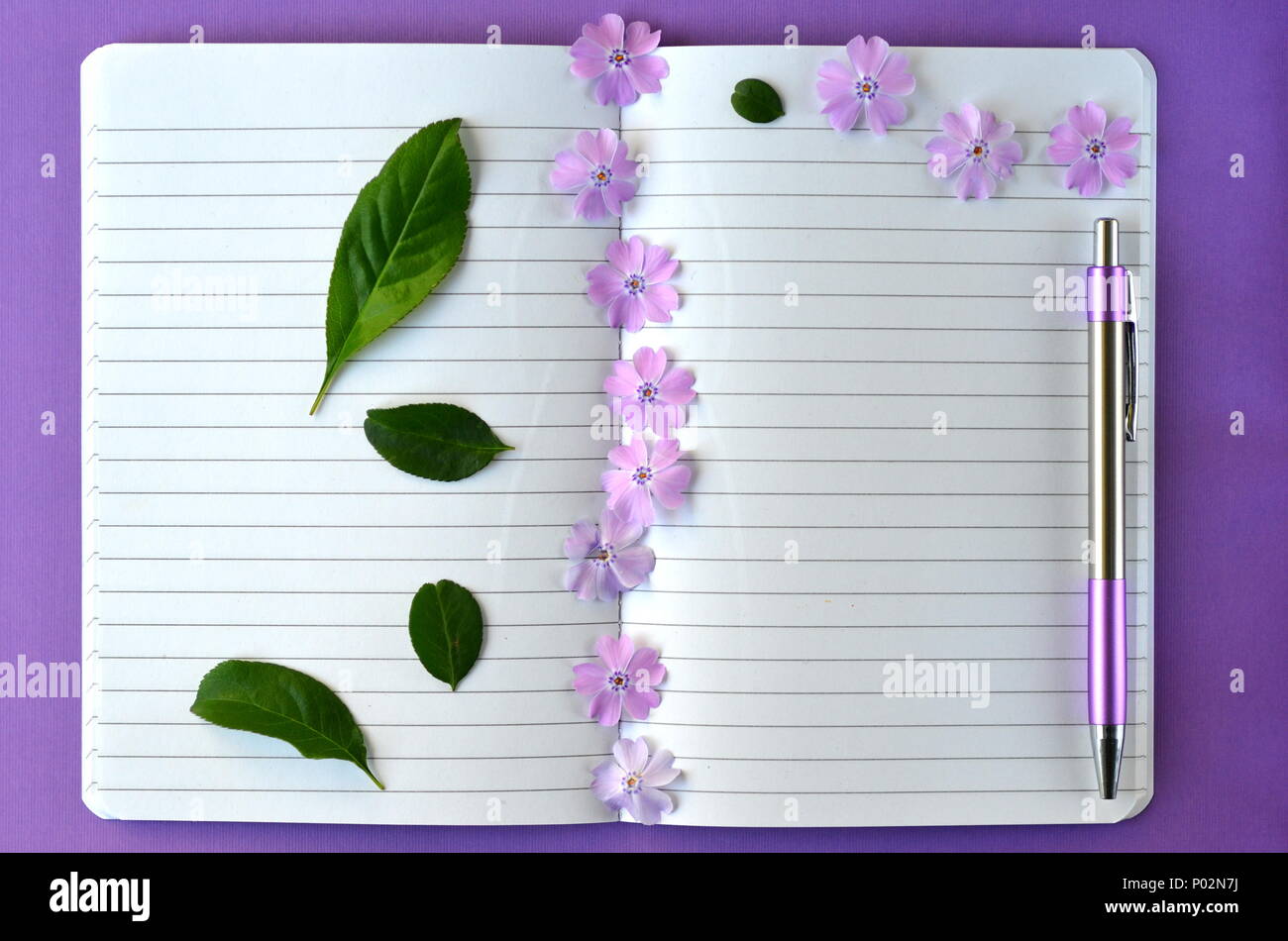 Ultra Violet flatlay der weiblichen Schreibwaren, Notebooks, Pen, Lavendel phlox Blumen mit kopieren. Brainstorming Ideen, Notizen oder Tagebuch schreiben Stockfoto