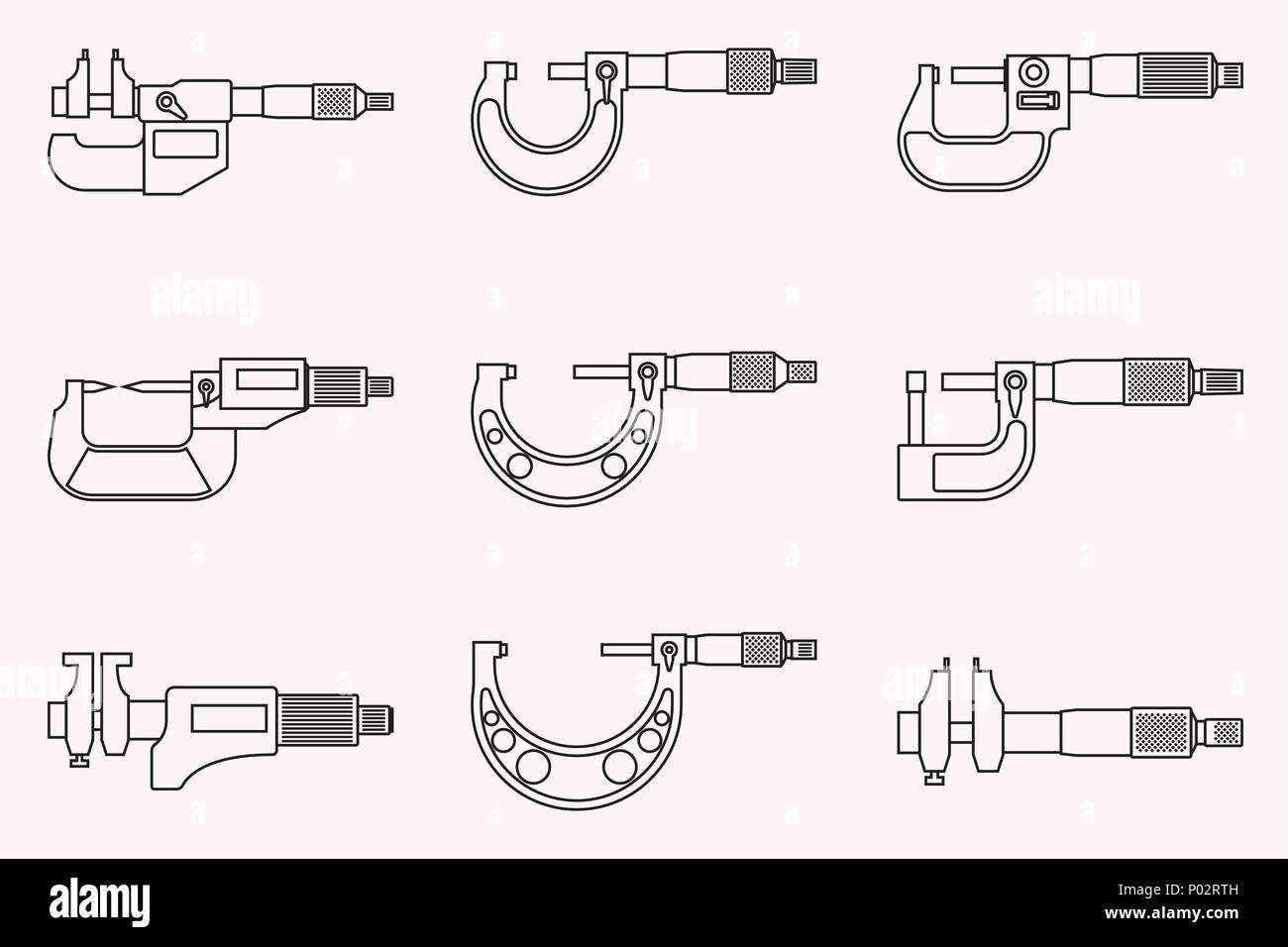 Eingestellt von Messgeräten. Mikrometer. Silhouette Vektor. Dünne Linie Vektor Stock Vektor