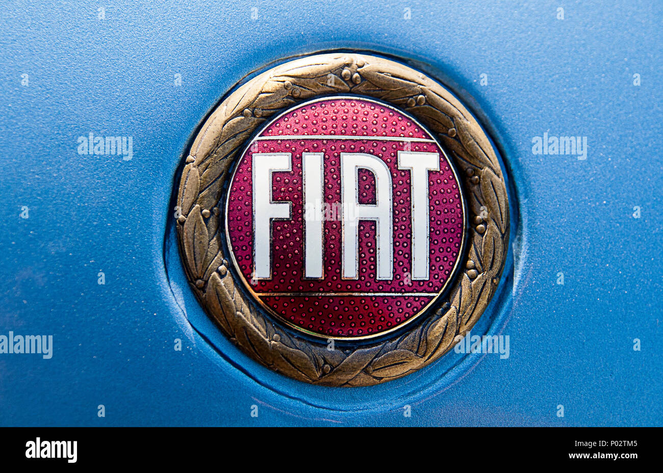 Fiat Logo auf der Motorhaube eines Autos Fiat Logo auf der Motorhaube eines Autos Stockfoto
