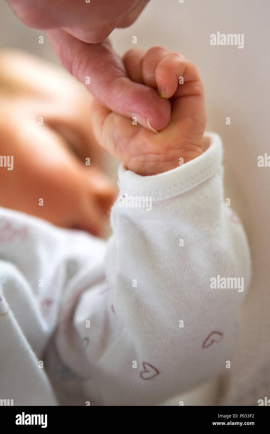 Nahaufnahme von Baby Holding Eltern Finger Stockfoto