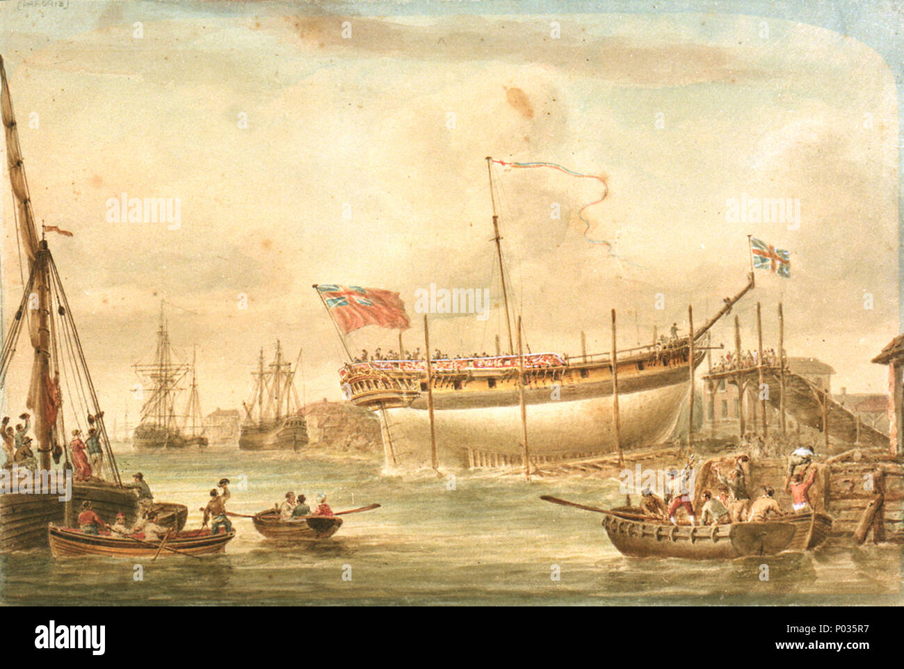 . Englisch: "Der Start" [der 'Britannia']; Illustration zu Falconer's "Der Untergang" (1811 Hrsg., Frontis.) Die erste einer Serie von zehn Zeichnungen, von denen die Sammlung enthält neun (PAF 5913 - PAF 5921). Die gedruckten Beschreibung der Platte auf der Grundlage von es, wahrscheinlich Geschrieben von Pocock, lautet: "Die Britannia ist hier als gerade von den Blöcken und Ufer befreit und vorsichtig einschieben, die Bestände in den Fluss [Thames] vertreten. Der Hintergrund - Landschaft in der Nähe von Deptford, mit Booten und Zahlen". "Der Untergang" (1762) ist ein episches Gedicht von William Falkner (1732-70), deren berufliche Leben fr Stockfoto