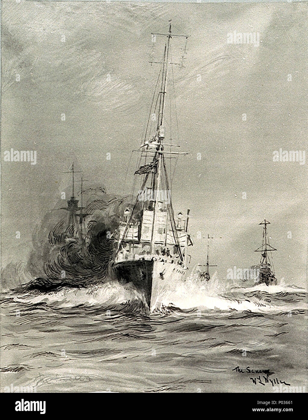 . Deutsch: "Der Bildschirm 'Eingeschrieben' den Bildschirm" und vom Künstler signiert, unten rechts. Es ist auch schwach bezeichnet mit einem vorherigen Hinweis" unten auf dem Bildschirm. Diese Zeichnung wurde reproduziert in Wyllie und M.F. Wren's ea kämpft der Große Krieg' (1918) w. S. 34. Das Schiff am nächsten hier, Bug-auf, ist eine frühe 'Blume'-Klasse" Flotte fegen Sloop" gesehen, wie sie offiziell genannt wurden (d. h. ein MINESWEEPER), des Twin-Schleusten Typ: 72 von ihnen waren in 1915-16 gebaut. Das Stativ und foretop sichtbar auf der linken Seite gehören zu einem Schlachtschiff. Die anderen Schiffe sind nicht identifizierbar. Diese Art von spezifisch t Stockfoto