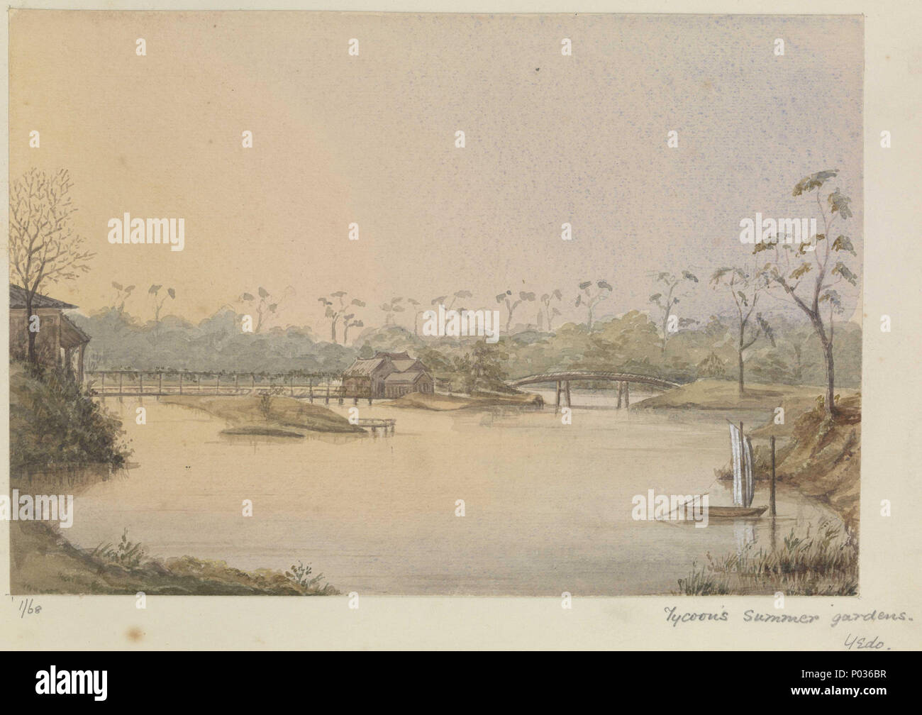 . Englisch: 'Tycoon Sommer Gärten, Yedo' [Tokyo, Japan] Nr. 14 von 51 (PAJ2051-PAJ 2101): von der Künstlerin auf der Albumseite eingeschrieben, wie Titel, und vom '1/68'. "Tycoon" (große Herr) war ursprünglich eine alternative japanische Begriff zur Beschreibung der Shogun für Ausländer. Dies deutet darauf hin, dass Butt's View, obwohl im Winter, im Sommer ist der Garten des Nishinomaru Palace im Schloss von Edo (heute Tokio). Dies hatte den Sitz des Tokugawa Shogunats wurde - das japanische Militär für die Dynastie seit dem 17. Jahrhundert, während der Kaiser wurde beibehalten wird, wie die symbolischen aber machtlos Leiter Stockfoto