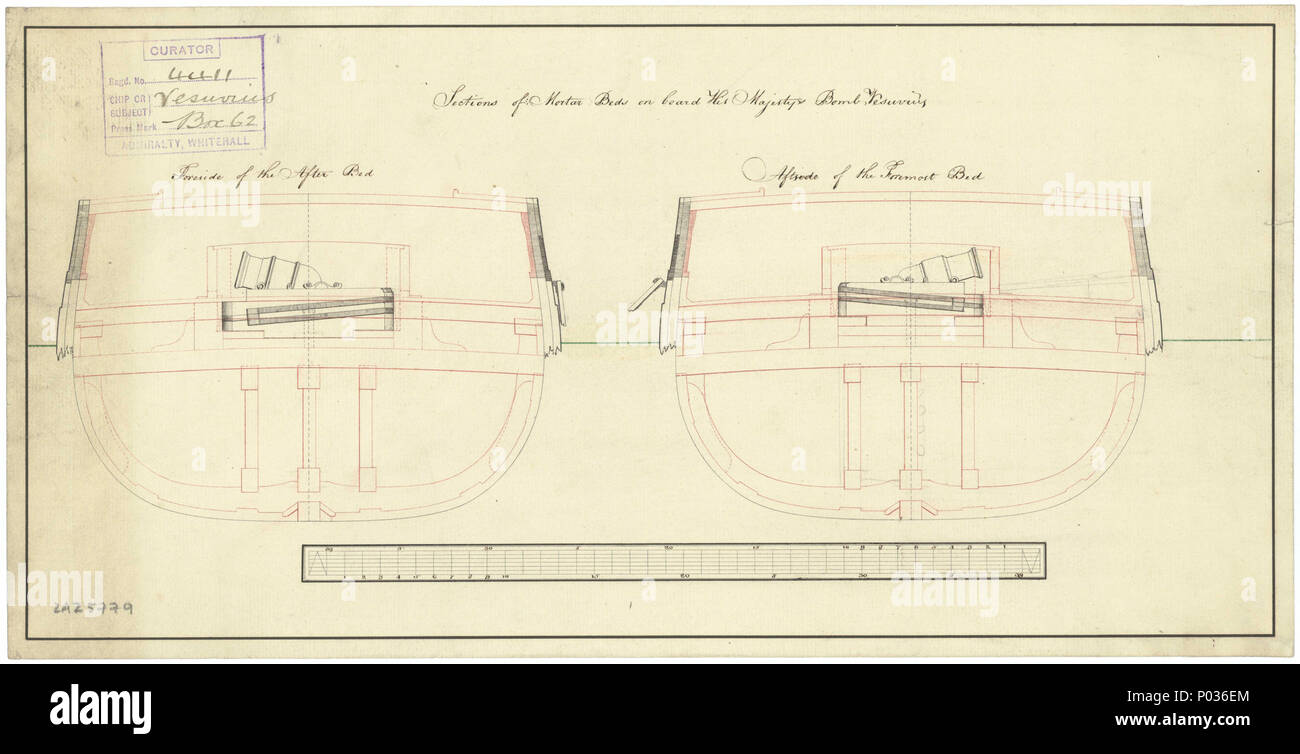 . Englisch: 'Vesuvius' (1776) Bombe vesssel Maßstab: 1:48. Ein Plan, der Schnitt durch die vorkante des nach Mörtel Bett, und einen Abschnitt über die des Kollisionsschotts Linie Mörtelbett für 'Vesuvius' (1776), eine Bombe Schiff, wie sie die Änderungen vorgeschlagen durch Oberst congreve ausgestattet. Das Datum und der Ort dieser Plan ist auf eine Beschriftung auf der Rückseite der ZAZ 5778, in der festgestellt wird, dass ein Abschnitt Plan wurde mit der SCHIEREN von Portsmouth im Mai 1797 gesendet. 'Vesuvius' (1776) Bombe Schiff Mörtelbett 12 'Vesuvius' (1776) Bombe vesssel RMG-J0393 Stockfoto