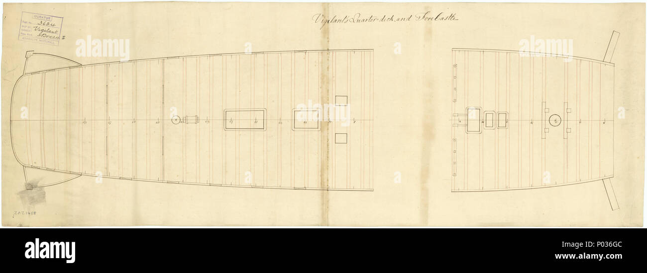 . Deutsch: "wachsam" (1774) Maßstab: 1:48. Die quarterdeck und Vorschiff für 'Wachsam' (1774), eine 64-gun, Dritten, zwei doppelstöckigen Gebäude an bucklers Hard von Herrn Adams. "Wachsam" (1774) 12 'Wachsam' (1774) RMG-J 3144 Stockfoto