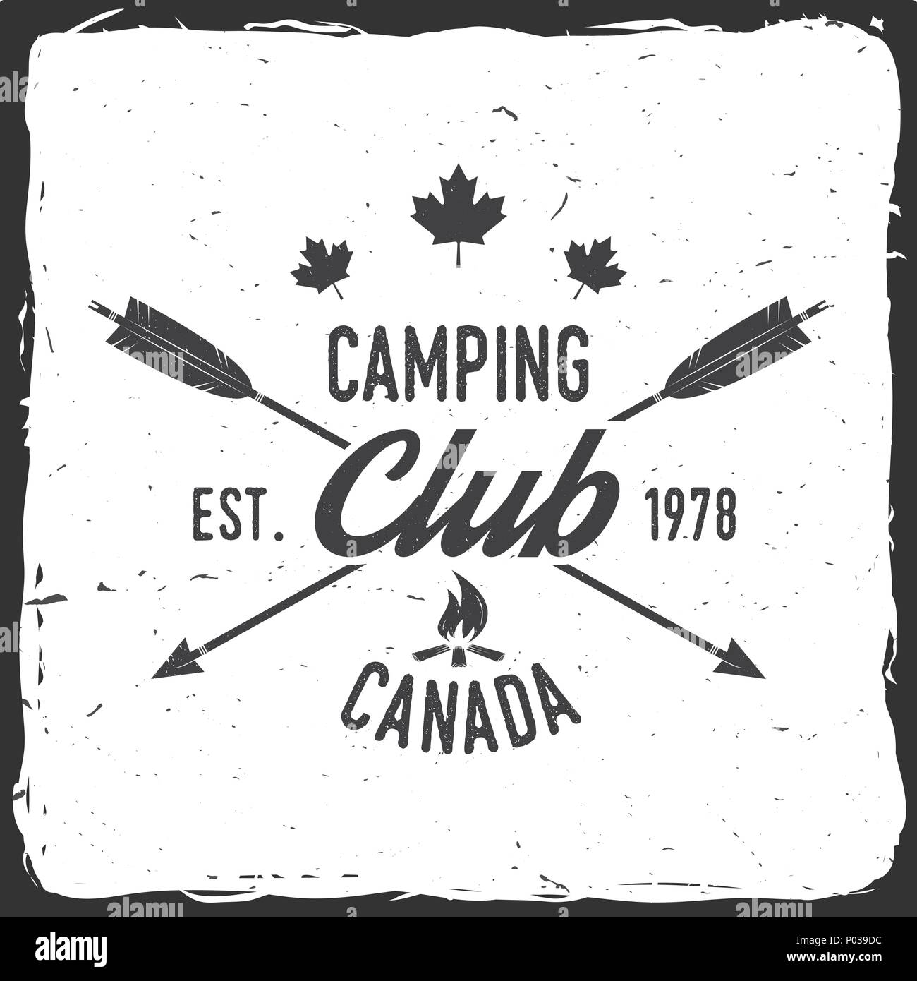 Camping Club. Kanada. Vector Illustration. Konzept für Hemd oder Logo, Print, Stempel oder T-Stück. Vintage Typografie Design mit Lagerfeuer und Pfeile silhouet Stock Vektor