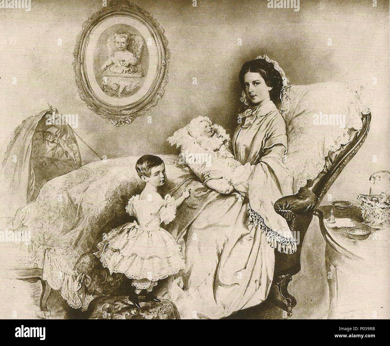 . English: Kaiserin Elisabeth von Österreich mit Stand Kindern Rudolf und Gisela (holzbilderrahmen) im Schloss Laxenburg. An der Wand ein Bild von Sofia, der 1857 verstorbenen Tochter. Italiano: Acquarello raffigurante Elisabetta con i figli Rodolfo e Gisella nel Castello di Laxenburg. Alla parete un Ritratto di Sofia la figlia deceduta nel 1857. . 1858 20 Elisabetta e e figli Stockfoto . English: Kaiserin Elisabeth von Österreich mit Stand Kindern Rudolf und Gisela (holzbilderrahmen) im Schloss Laxenburg. An der Wand ein Bild von Sofia, der 1857 verstorbenen Tochter. Italiano: Acquarello raffigurante Elisabetta con i figli Rodolfo e Gisella nel Castello di Laxenburg. Alla parete un Ritratto di Sofia la figlia deceduta nel 1857. . 1858 20 Elisabetta e e figli Stockfoto