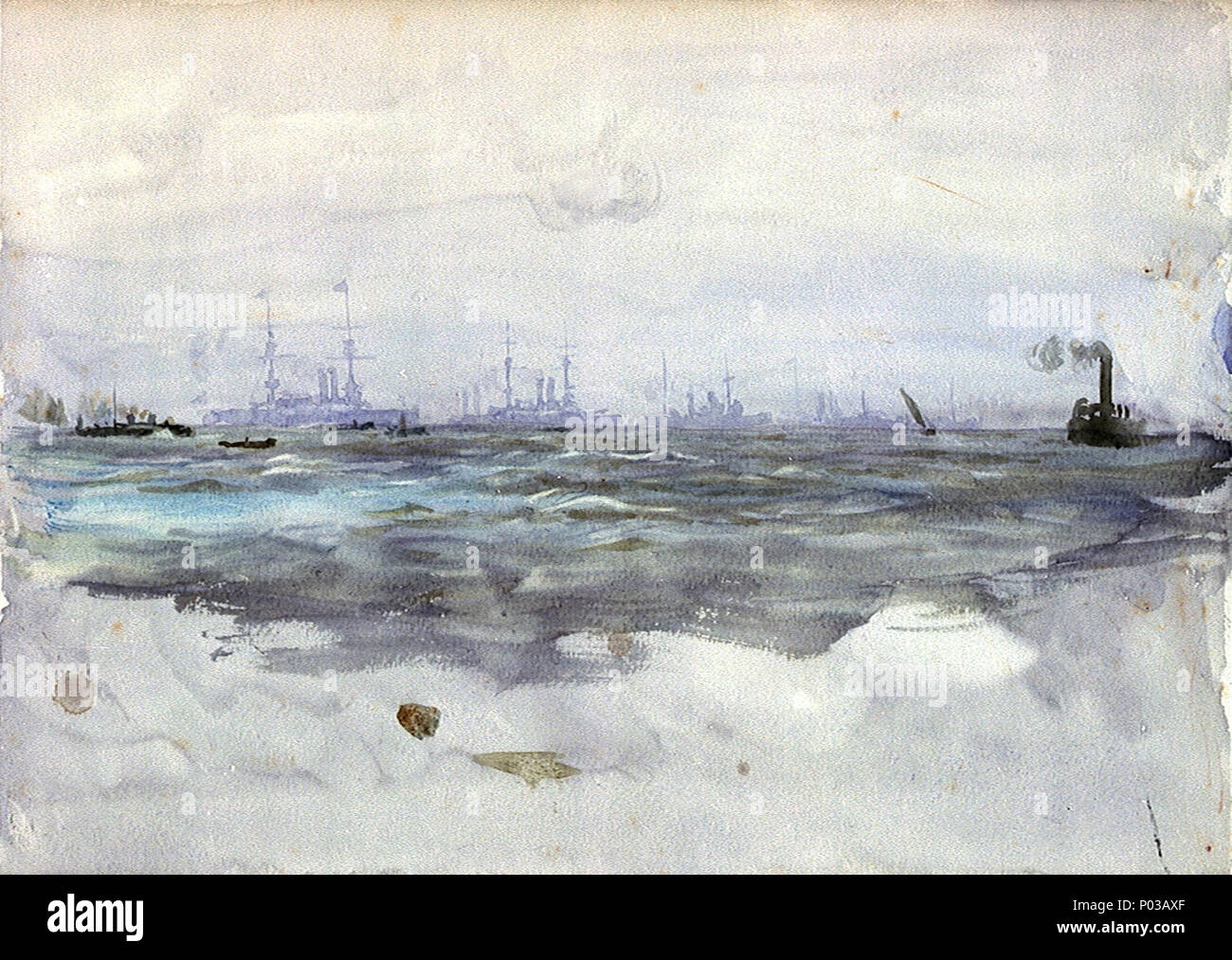 . Englisch: ein Kampf Flotte in der Ferne mit einem Tauziehen und anderen Schiffen ist es wahrscheinlich ein Blick auf die britische Flotte gezeigt vor Anker in der Nähe eines Hause Marinehafen, möglicherweise in Bestellung überprüfen Anker, aber wo ist unklar. Wenn es wurden vor Portsmouth an, zu überprüfen, so würde es z. b. Einige pflege Land auszuschließen, von denen es kein Zeichen ist. Die kriegsschiffe angezeigt werden dreadnoughts des Zeitraum 1898-1904 mit Kreuzer gemischt, aber Detail ist unzureichend. . Ca. 1905?. William Lionel Wyllie (1851 - 1931) Alternative Namen W. L. Wyllie Beschreibung britische Maler Stockfoto