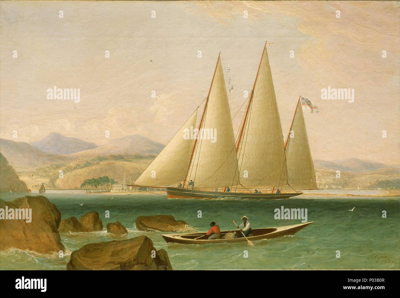 . Englisch: Ein Bermudian Schoneryacht Offshore eine Szene aus Port Royal am Eingang zum Hafen von Kingston, Jamaika. Die schoneryacht wurde Breitseite abgebildet, in vollen Segeln. Die Tatsache, dass es fliegt der weiße Stern, ein St George's Cross mitgliederboote und ein drei-flag Signal vom foretop schlägt vor, dass es ein Schiff des Royal Yacht Squadron. Es gibt sieben Personen an Bord. Im Vordergrund zwei Inselbewohner sind, Paddeln in einem kleinen Kanu - Boot, die sich aus den Felsen in der Nähe der Küste. Sie haben eine Schildkröte, die auf dem Rücken zwischen den beiden Männer Lügen verfangen. In der Ferne, die blaue Mo Stockfoto