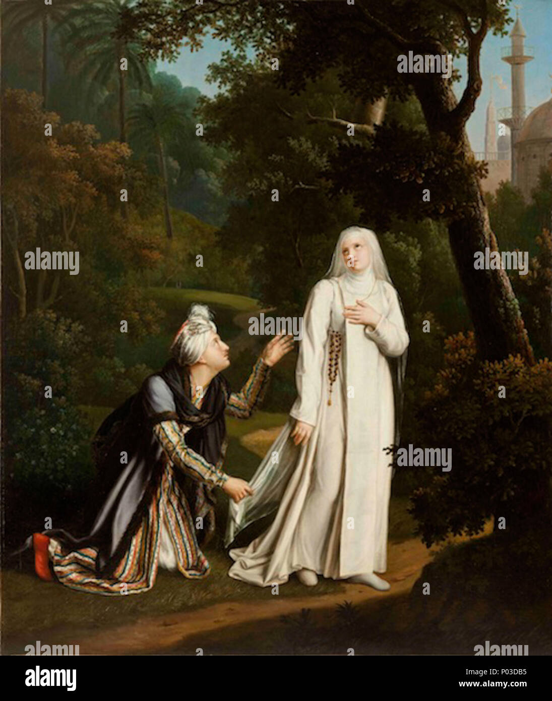 . Français: Rosalie Caron, Mathilde Überraschung dans les Jardins de Damiette par Malek Adhel, 1816 (Salon de 1817), huile sur toile, H.120cm, L 100 cm, Bourg-en-Bresse, Musée du Monastère royal de Brou, Inv. 2014.1.2 Don des Amis du Monastère royal de Brou Englisch: Rosalie Caron, Mathilde überrascht in Damiette Gärten durch Malek-Adhel, 1816 (Salon de 1817), Öl auf Leinwand - 120 x 100 cm. Bourg-en-Bresse, Monastère royale de Brou. 1816. Rosalie Caron (1791-1860) Beschreibung Französische Maler Geburtsdatum / Tod Juli 1791 vom 8. Dezember 1860 Ort der Geburt / Todes Senlis Paris Behörde c Stockfoto